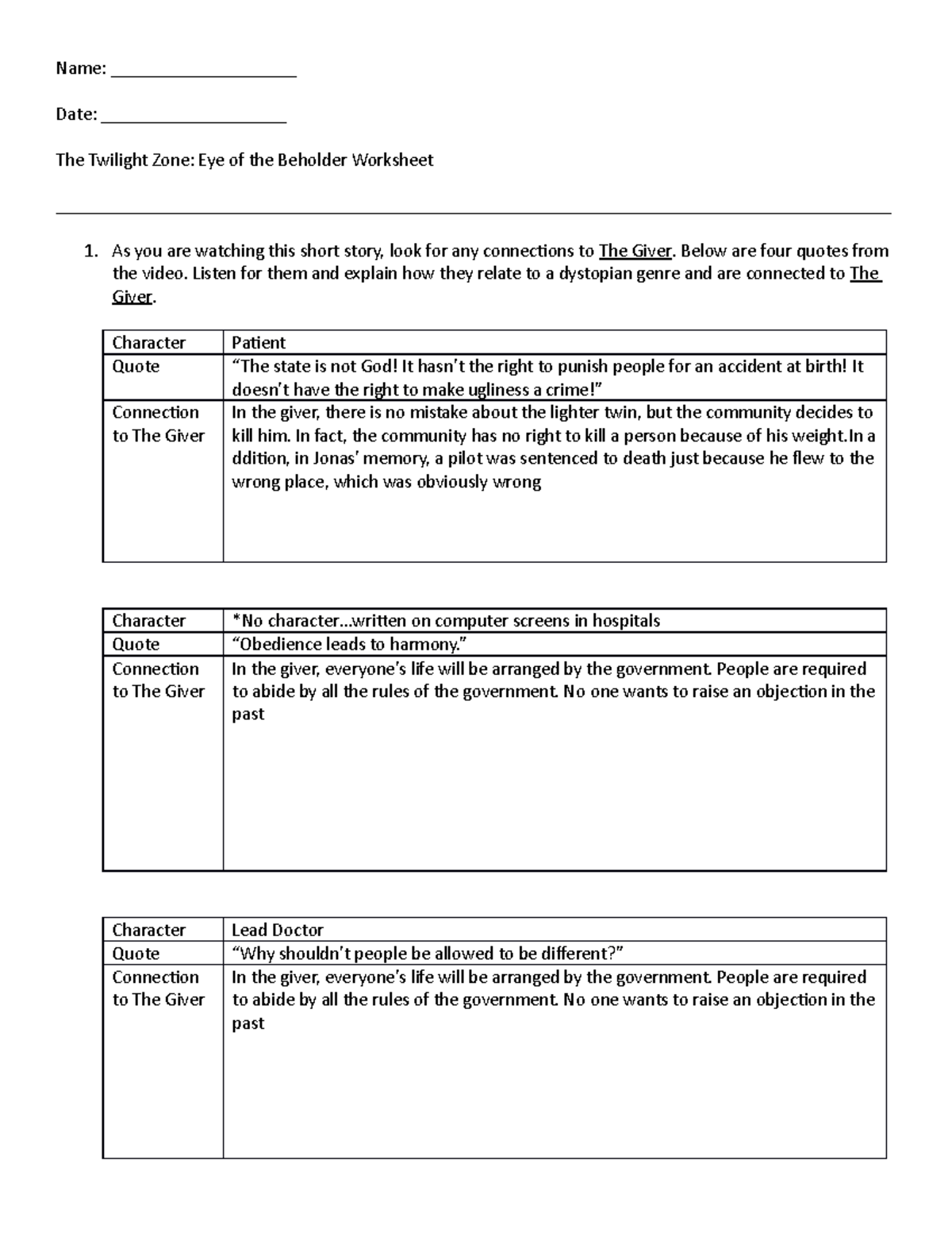 The Twilight Zone Eye of the Beholder Worksheet - Name ...