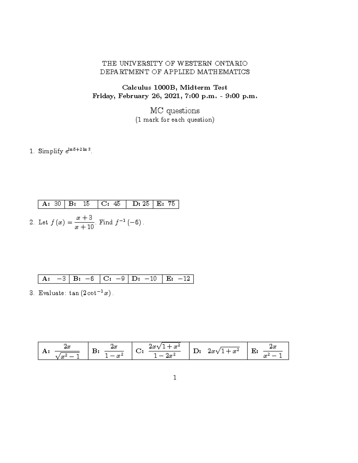 Calculus 1000b Midterm Exam Booklet 2021 - THE UNIVERSITY OF WESTERN ...