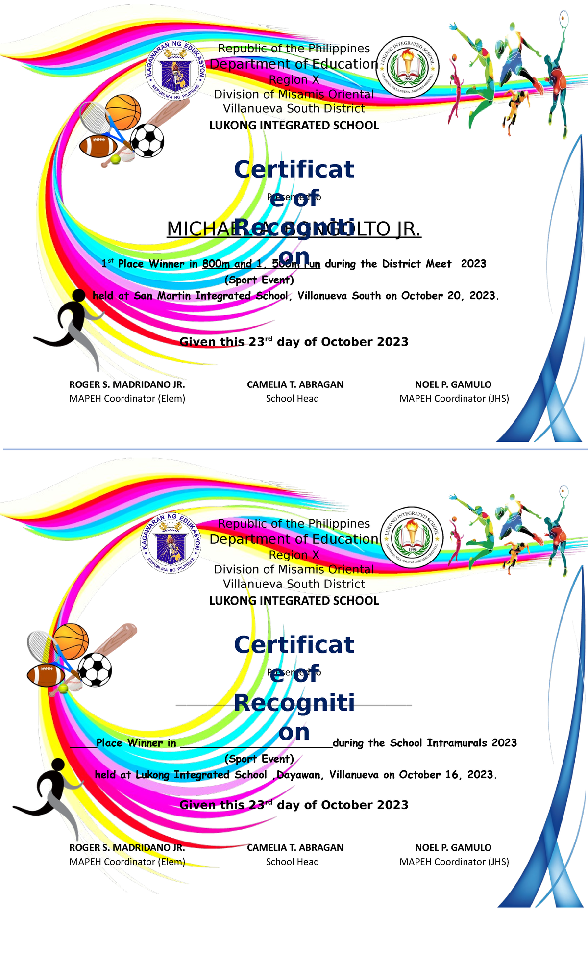 Certificate Of Sports Recognition - Republic Of The Philippines 