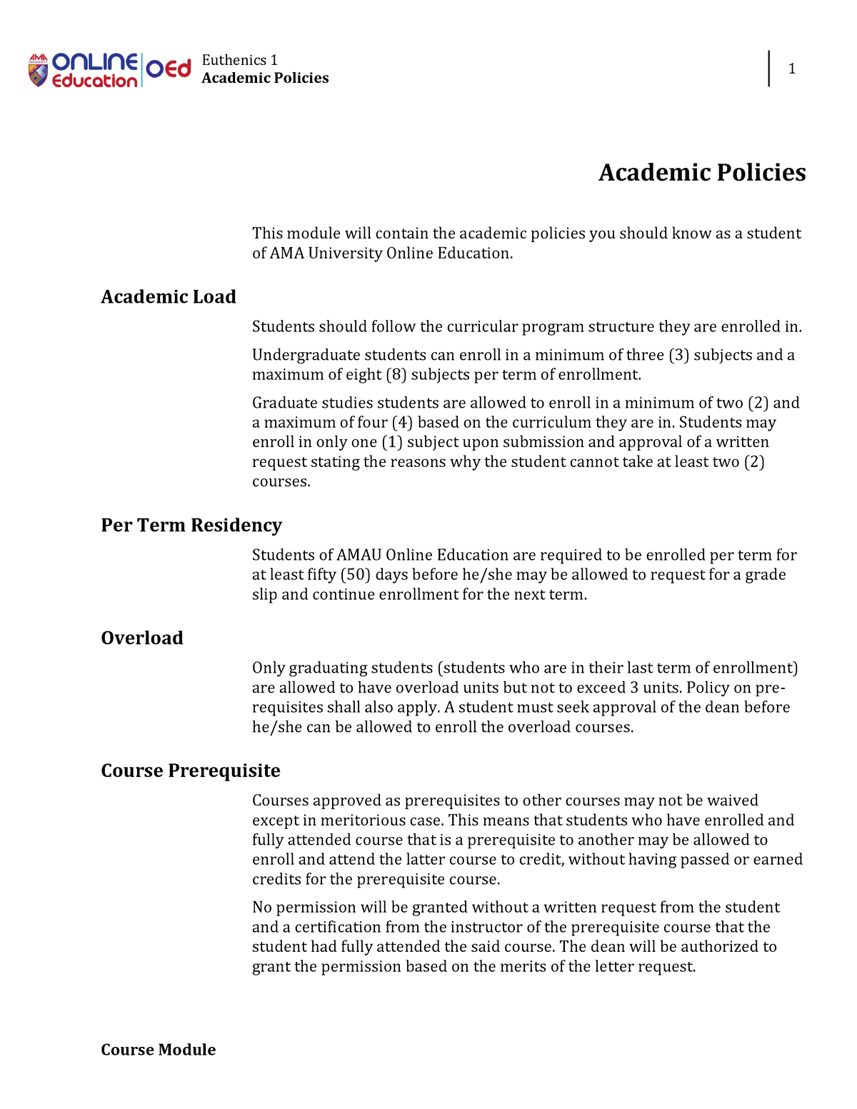 Week 3 - Lesson 3 - Academic Policies - Euthenics 1 Academic Policies 1 ...