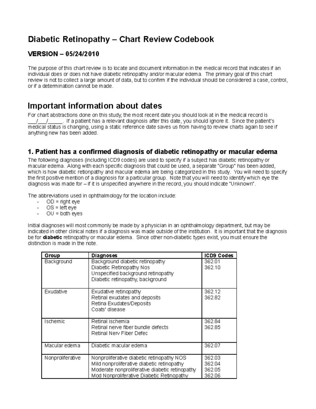 DR-Chart Review-Code Book - Diabetic Retinopathy – Chart Review 