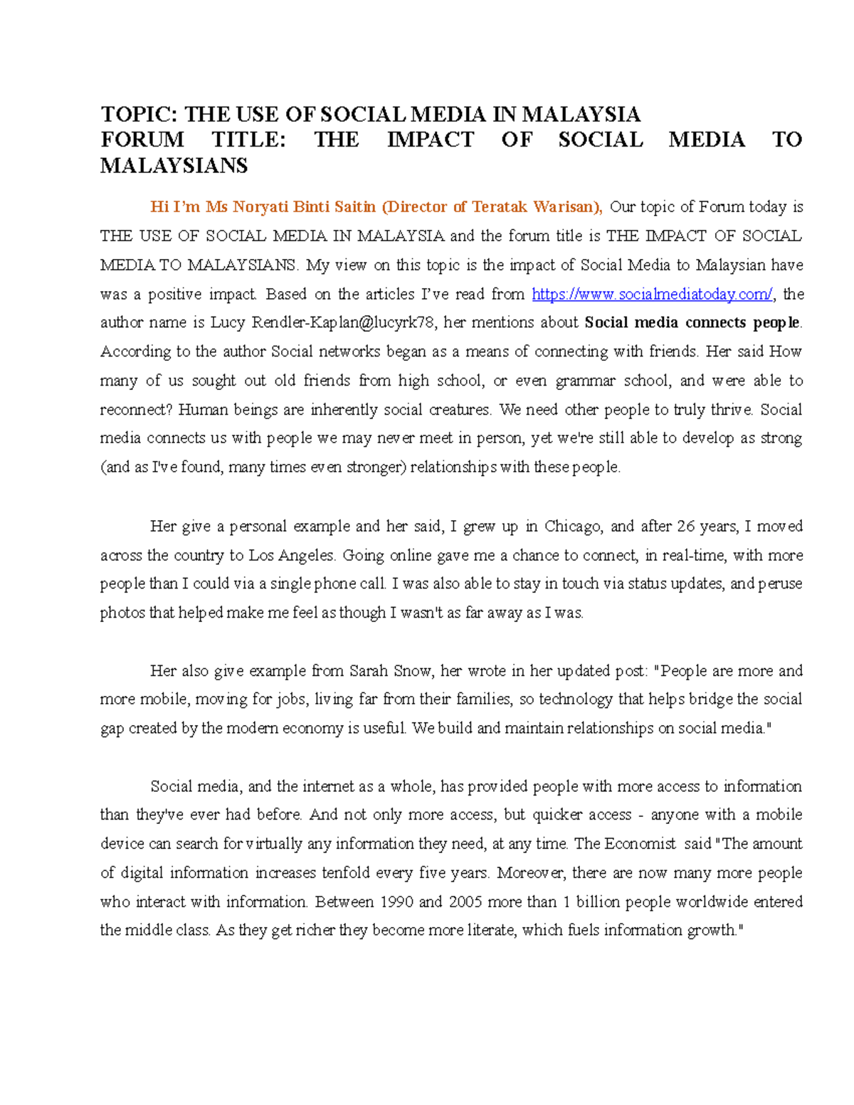 Forum Script - TOPIC: THE USE OF SOCIAL MEDIA IN MALAYSIA FORUM TITLE ...
