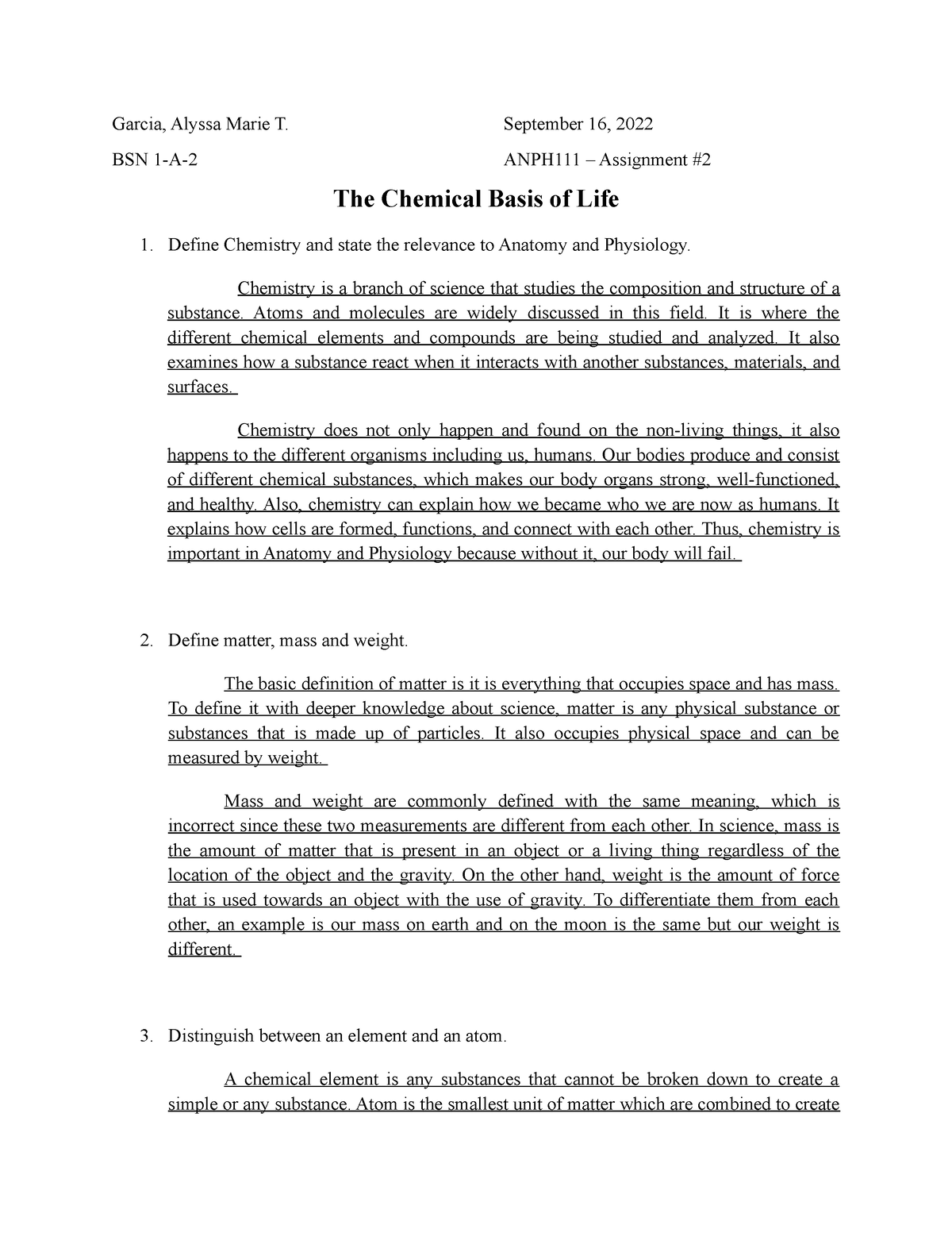 The Chemical Basis of Life - Garcia, Alyssa Marie T. BSN 1-A- September ...