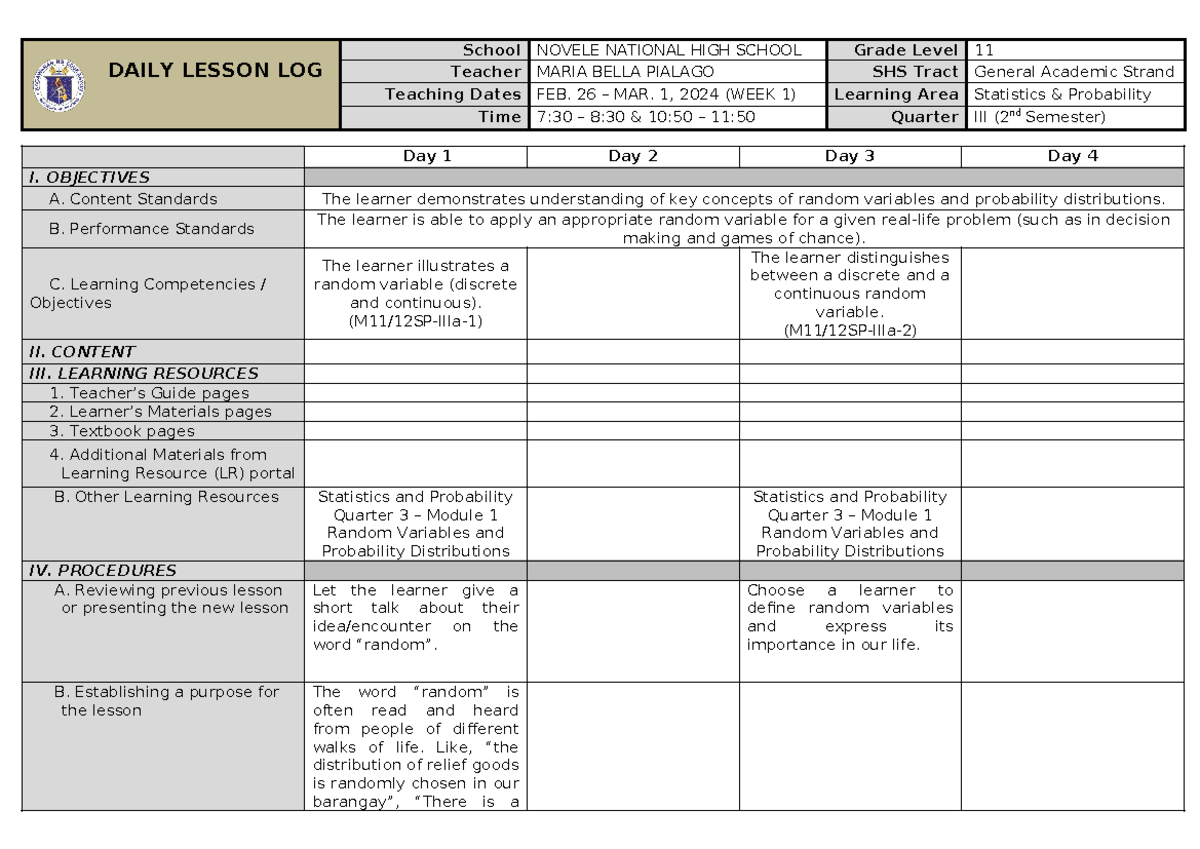 STAT Q3 WEEK1 - DAILY LESSON LOG School NOVELE NATIONAL HIGH SCHOOL ...