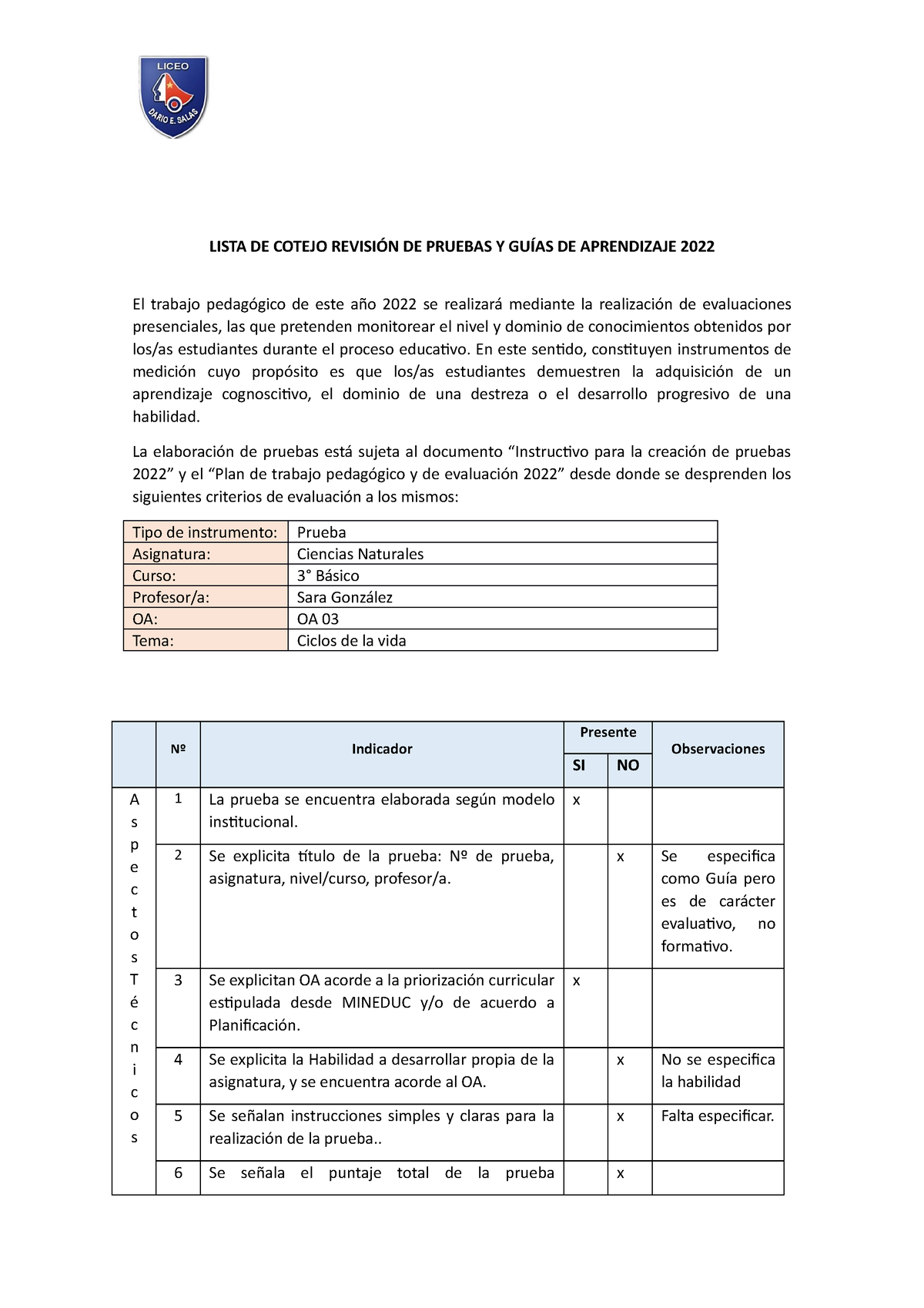 Lista De Cotejo Ciencias Naturales 3° Básico Lista De Cotejo