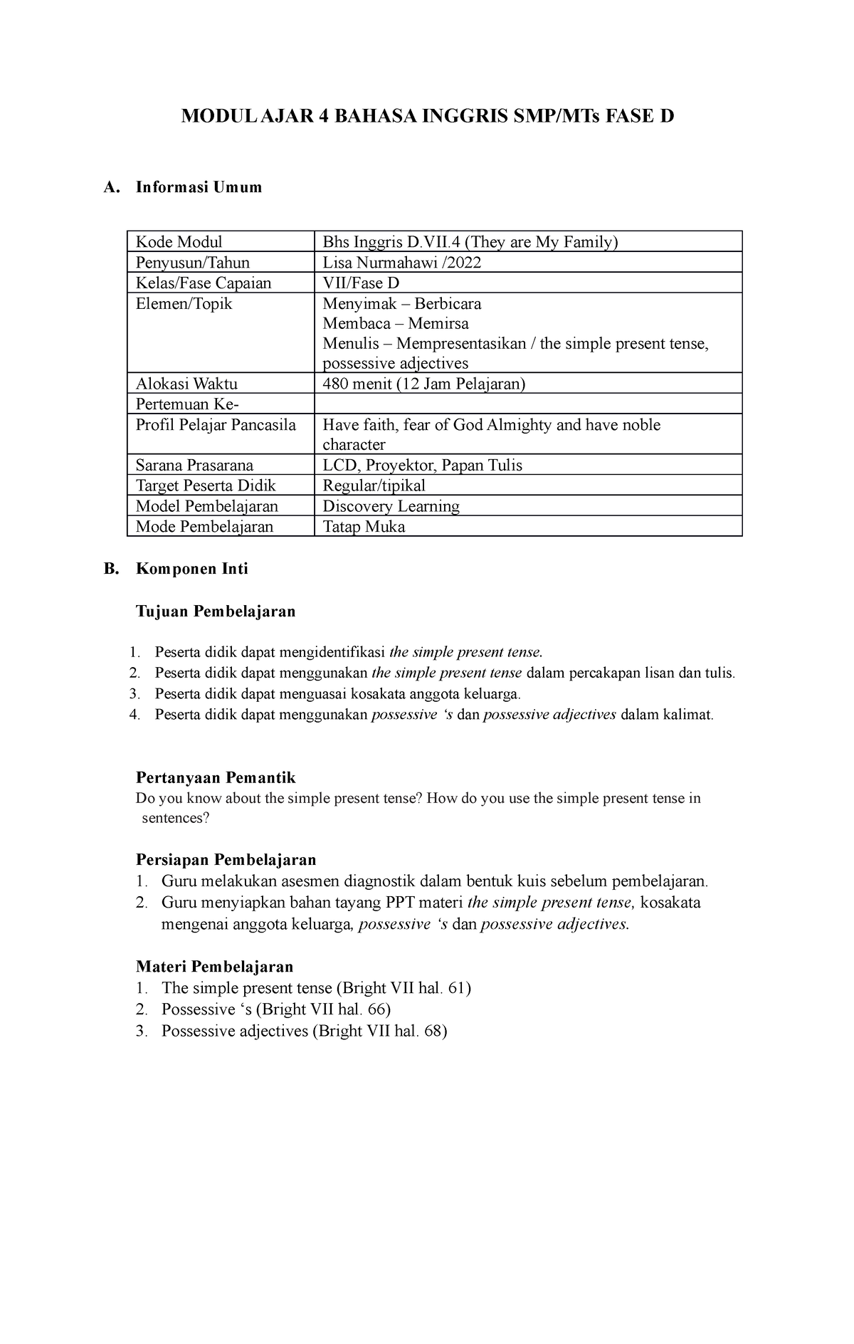 BAB 4 Modul AJAR Bright SMP Grade VII - MODUL AJAR 4 BAHASA INGGRIS SMP ...