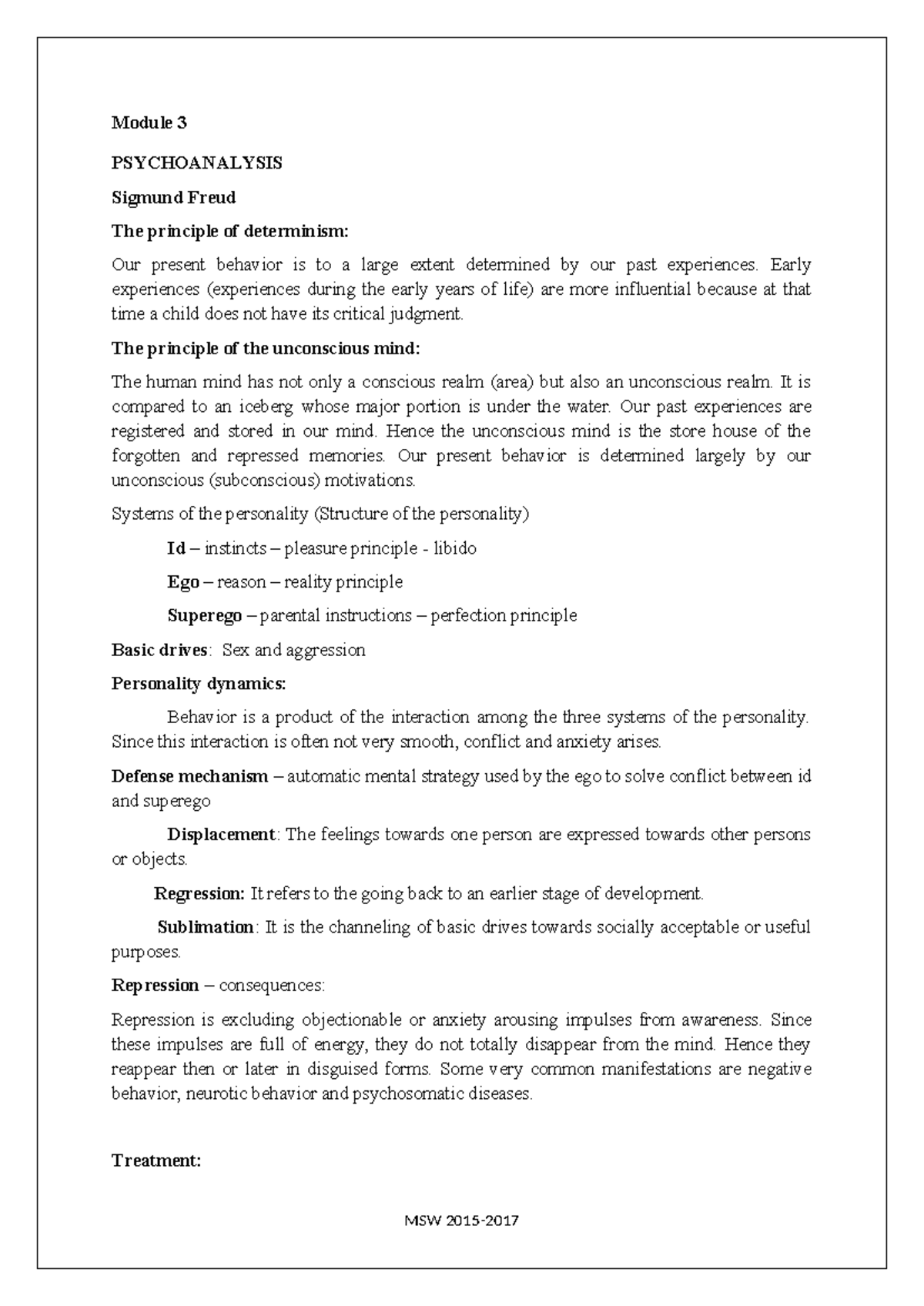Phycoanalysis - Notes - Module 3 PSYCHOANALYSIS Sigmund Freud The ...