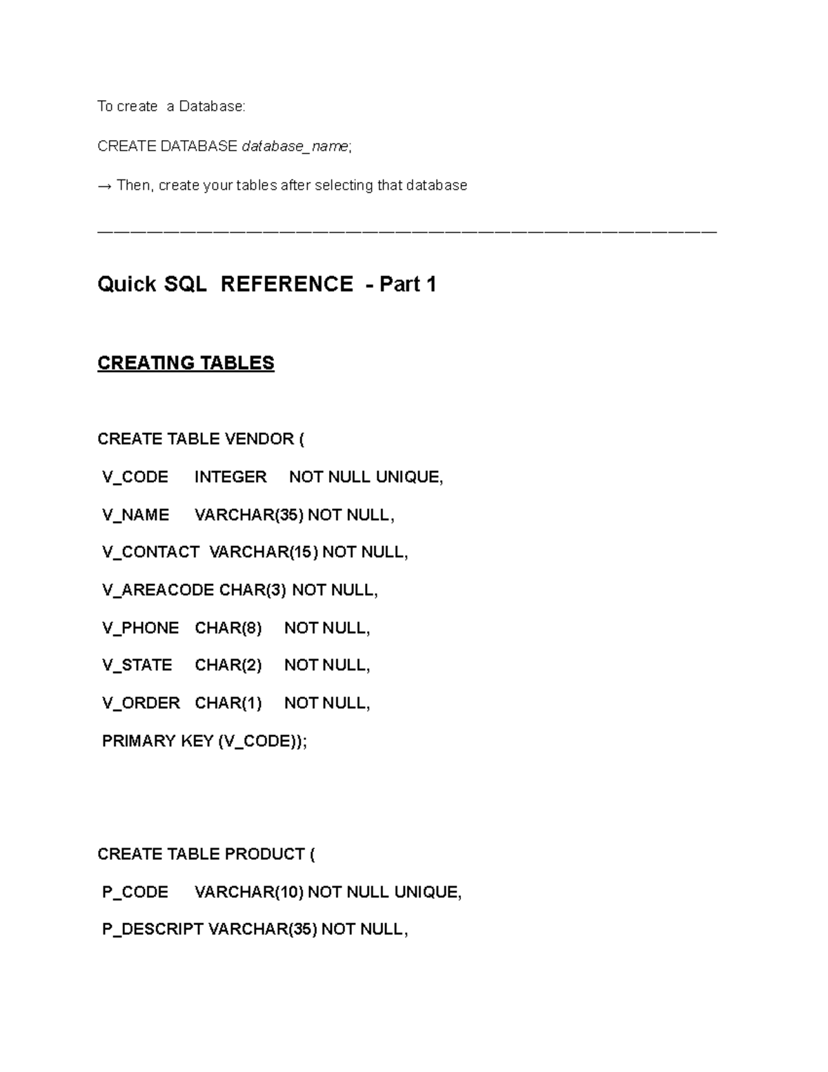 SQL notes - Summary Database Design and Development - To create a ...