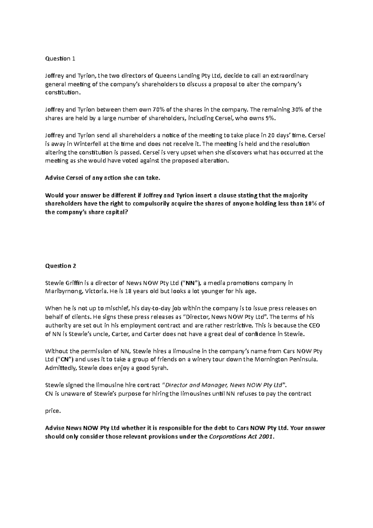2020 blaw exam - Final exam questions for corporate law exam - Question ...