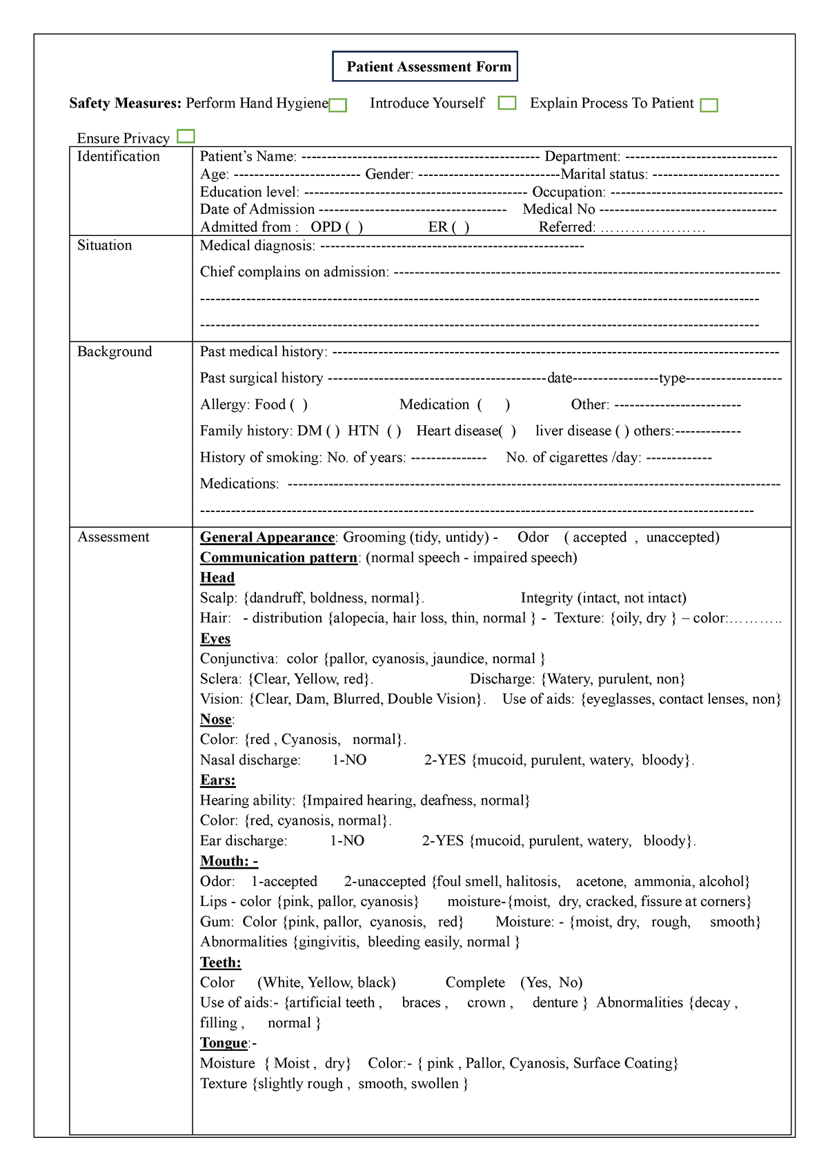 Patient Assessment Basic Nursing - Patient Assessment Form Safety ...