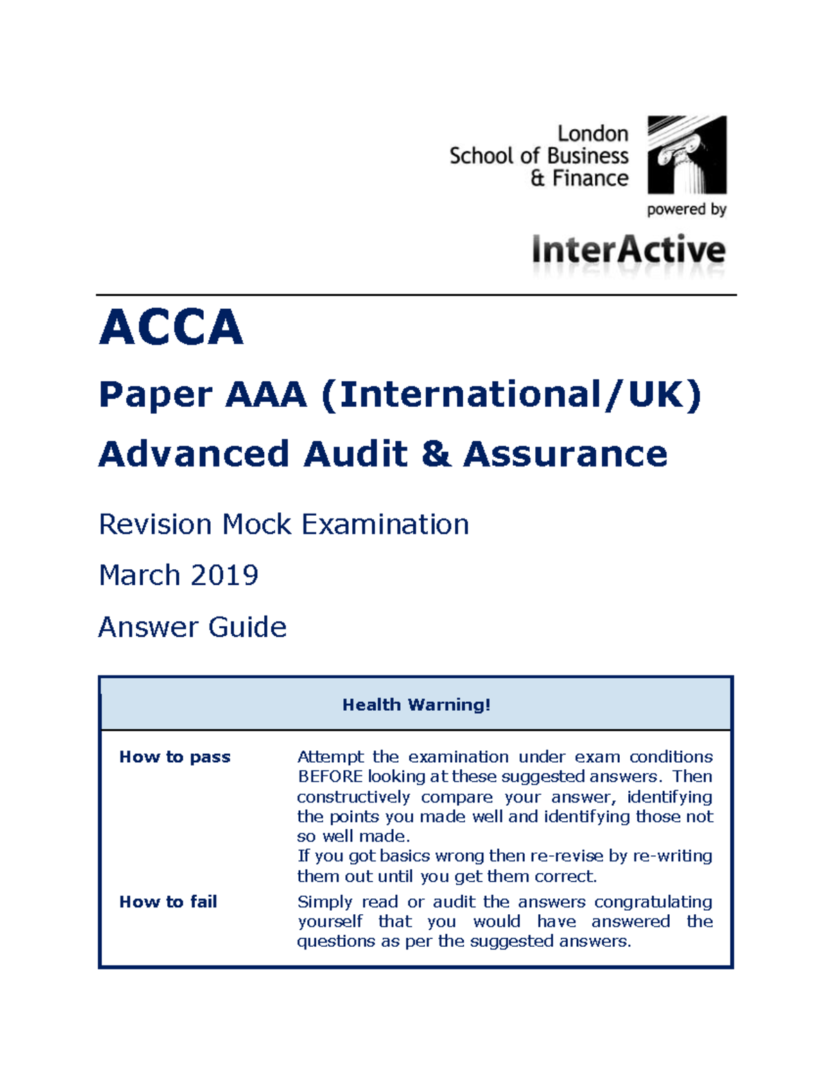 FINAL 5 December 2019, answers - ACCA Paper AAA (International/UK ...