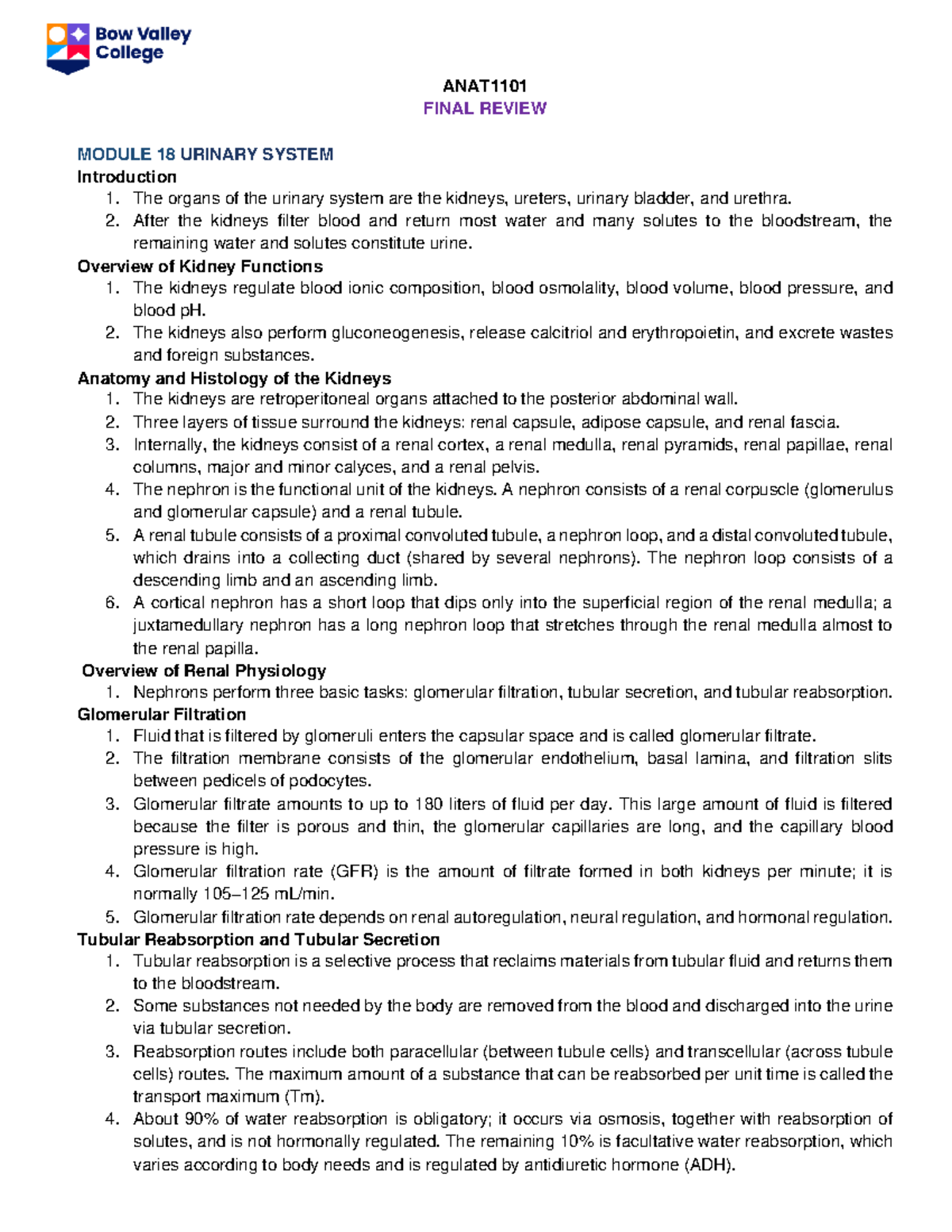 Final Review Modules 18-24 - ANAT FINAL REVIEW MODULE 18 URINARY SYSTEM ...