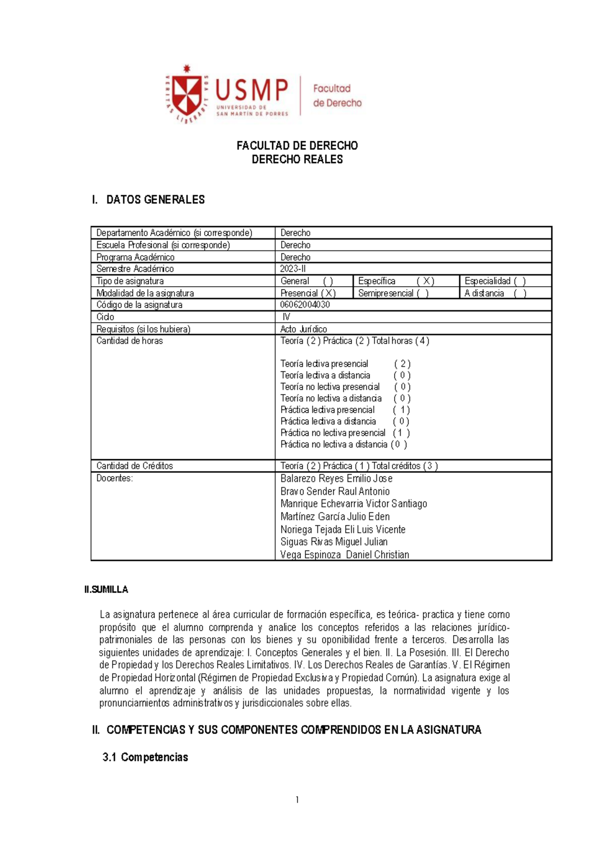 Derecho Reales - FACULTAD DE DERECHO DERECHO REALES I. DATOS GENERALES ...