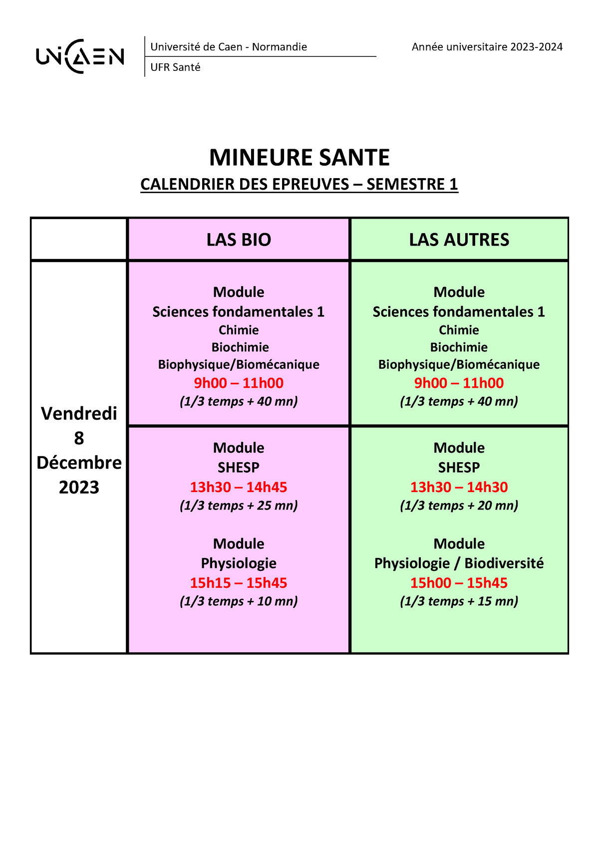 Calendrier Examens Semestre 1 Et 2 - 2023-2024 - Université De Caen ...