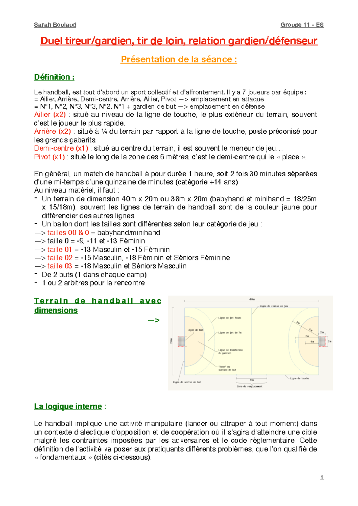 Dossier Handball + séance - Duel tireur/gardien, tir de loin, relation ...