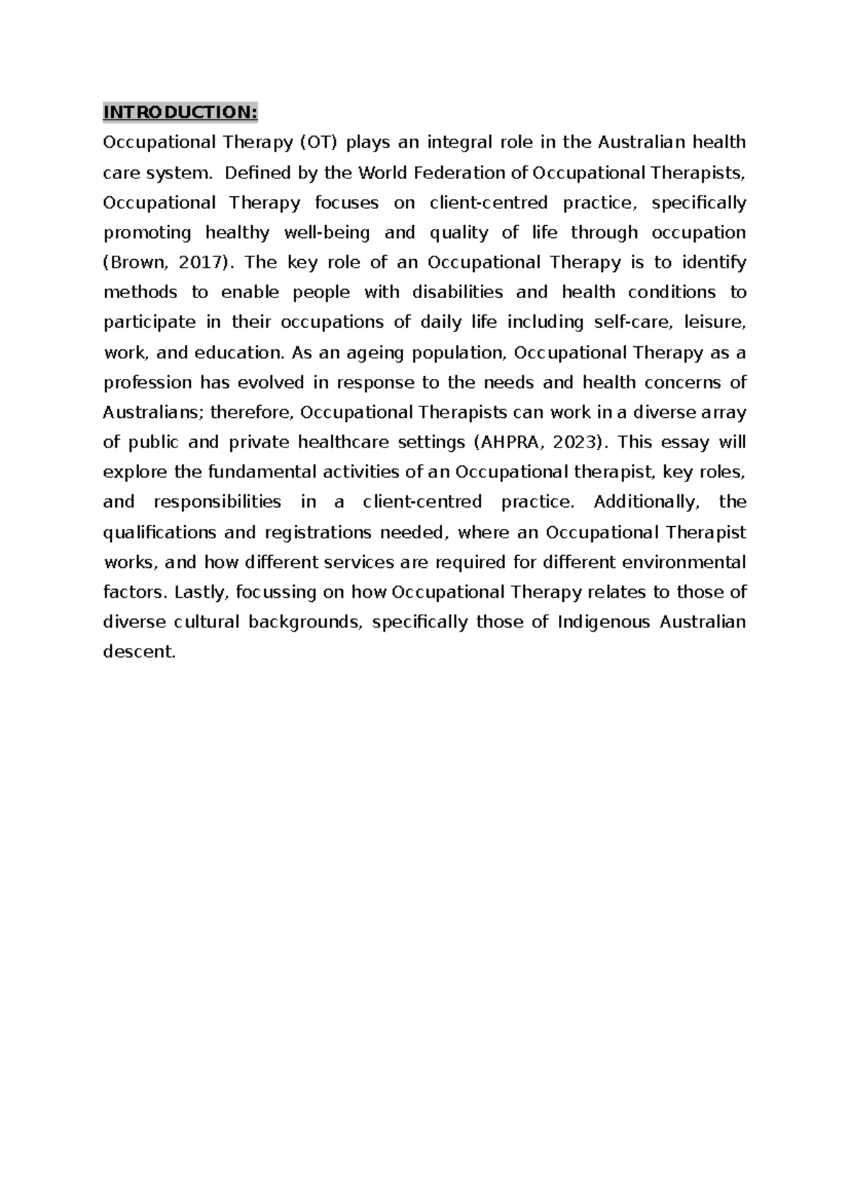 Foundations of health assignment 1 - INTRODUCTION: Occupational Therapy ...