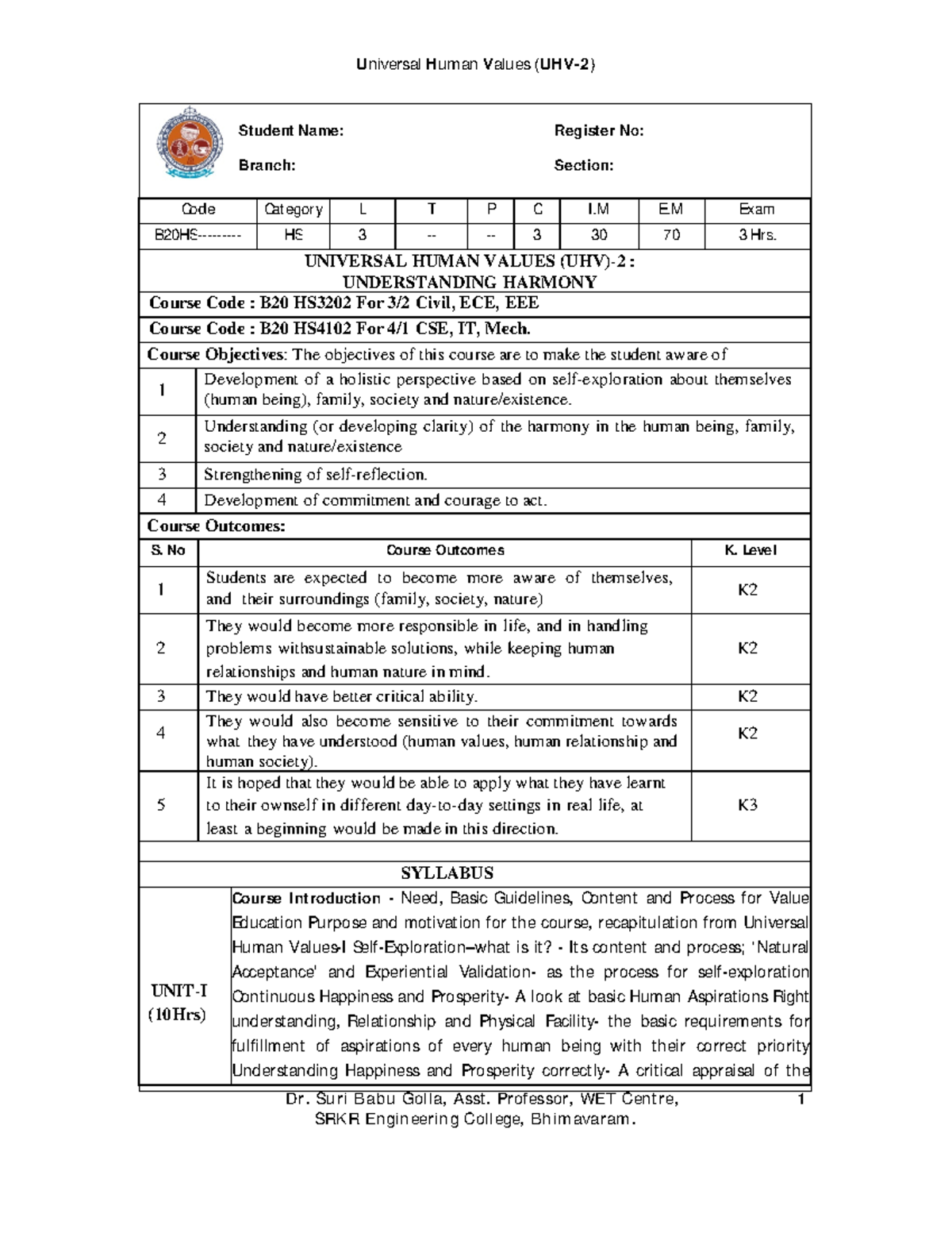 UHV-2-Mid-II Notes - Dr. Suri Babu Golla, Asst. Professor, WET Centre ...