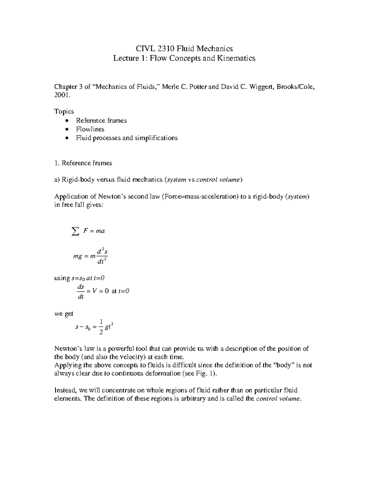 Lecture 1 of Fluid Mechanics - CIVL 2310 Fluid Mechanics Lecture 1 ...