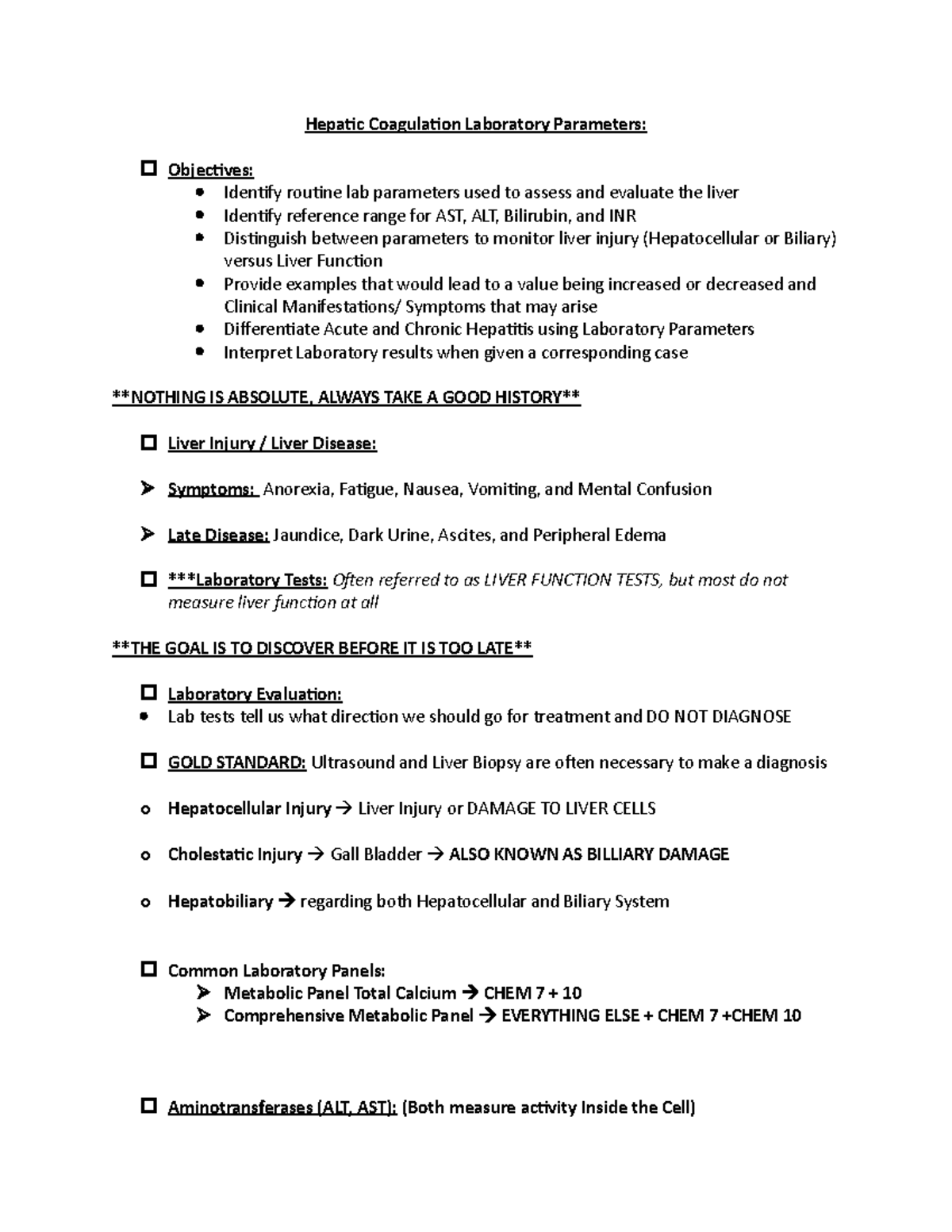 Hepatic Coagulation Laboratory Parameters EXAM 1 - Hepatic Coagulation ...