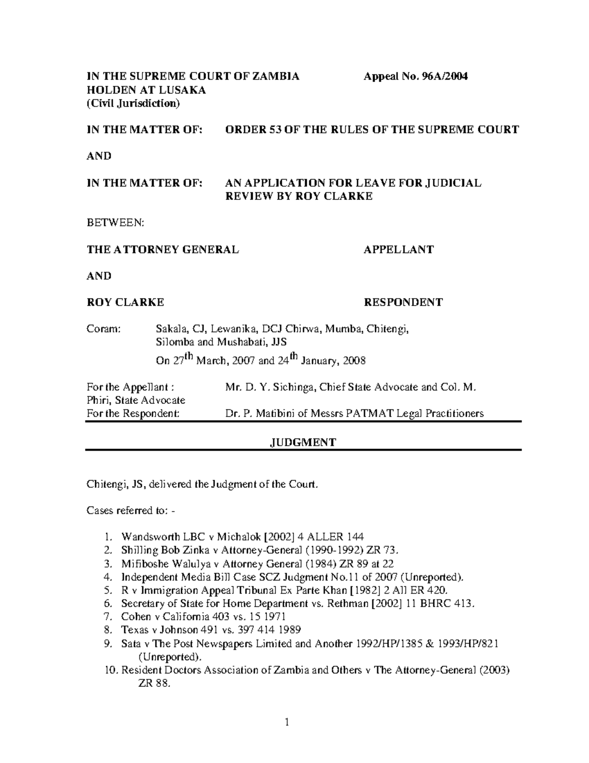 Attorney General v Clarke IN THE SUPREME COURT OF ZAMBIA Appeal No