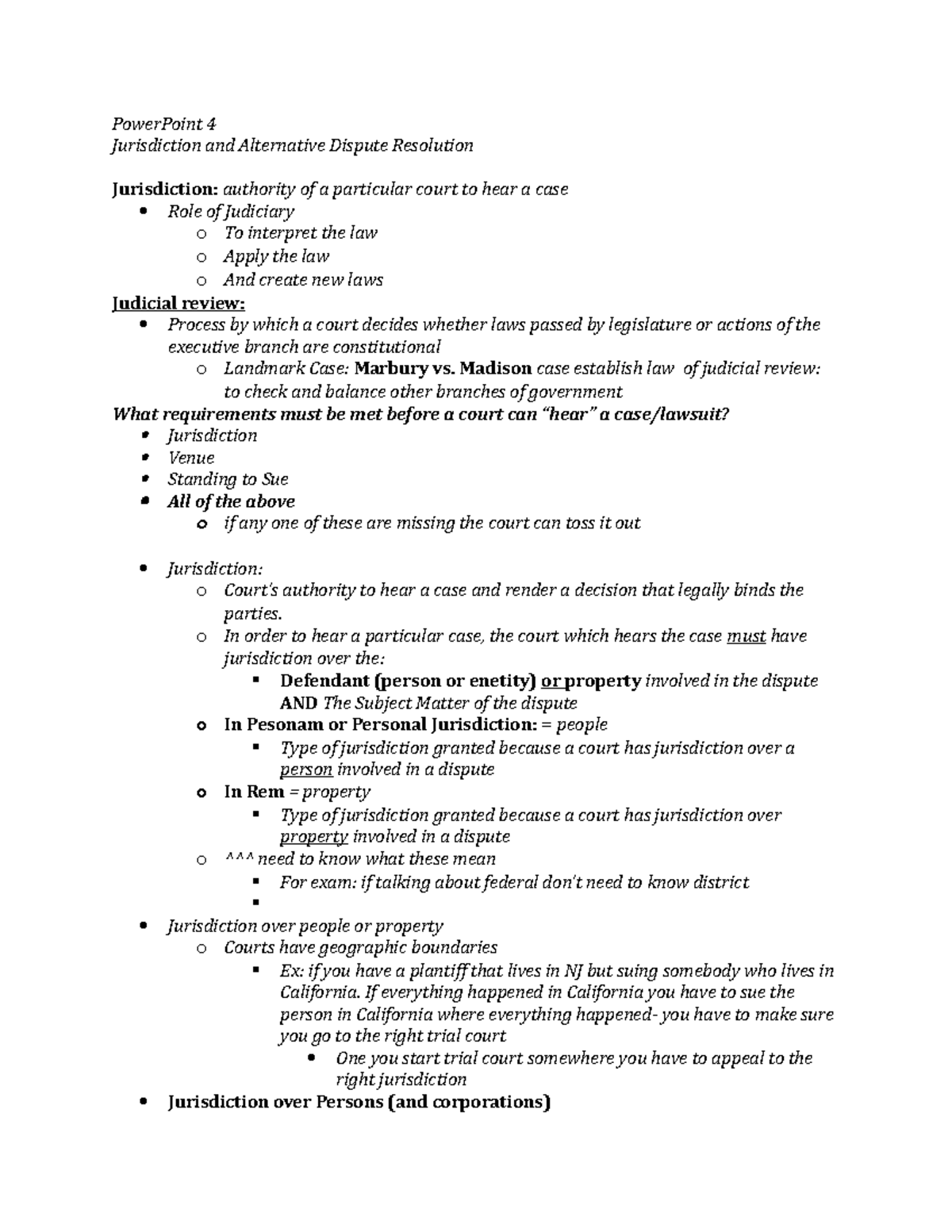 BLAW 341 Powerpoint 4 Notes - PowerPoint 4 Jurisdiction And Alternative ...