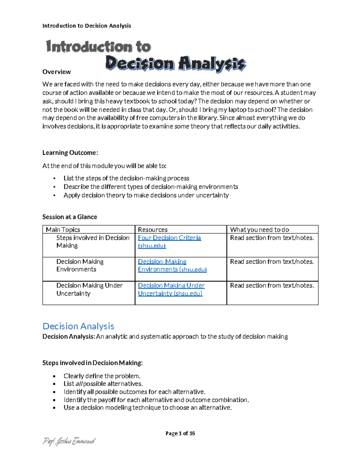 02-Introduction to Decision Analysis - Page 1 of 16 Overview We are ...