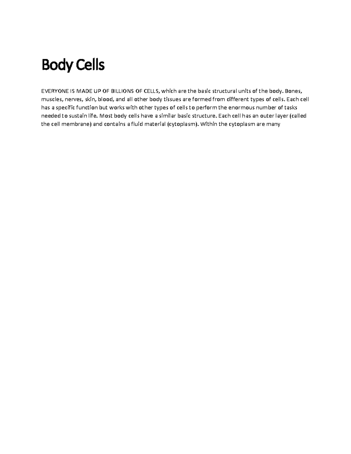 Human Body Cells - Notes - Body Cells Everyone Is Made Up Of Billions 