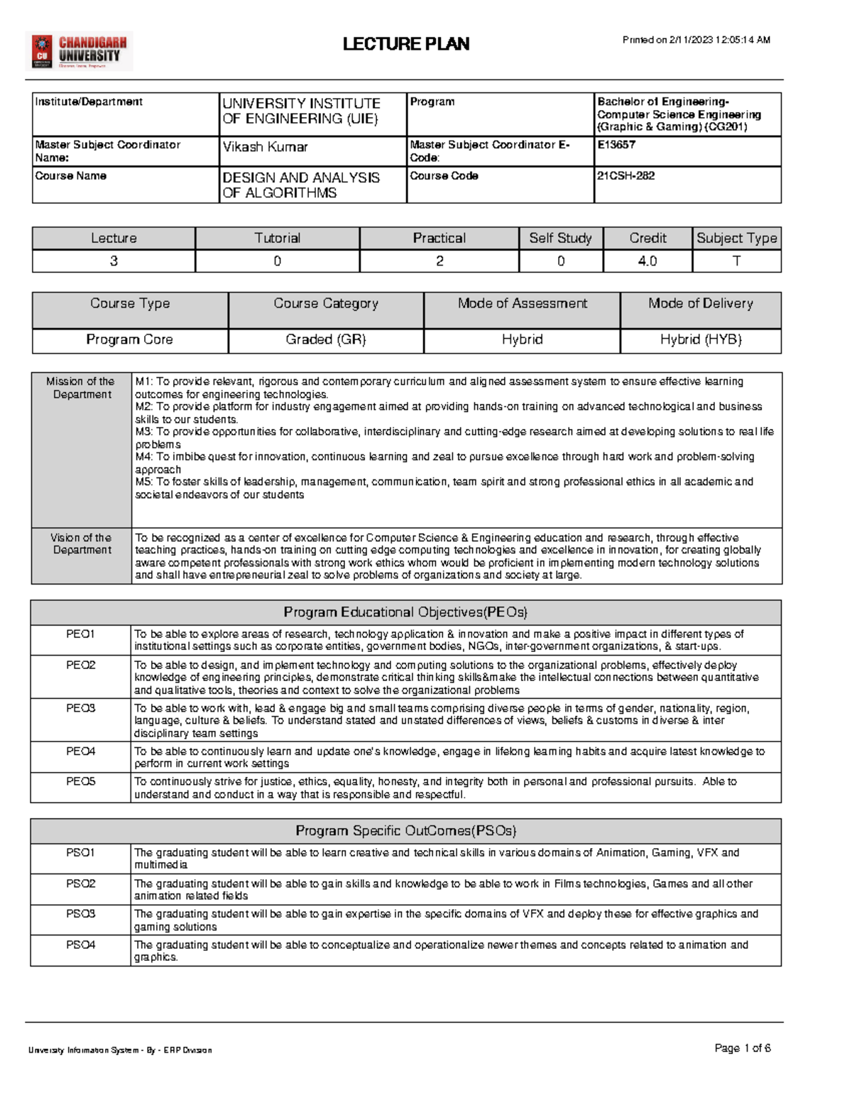 Lecture Plan CG201 21CSH-282 - Program Educational Objectives(PEOs ...