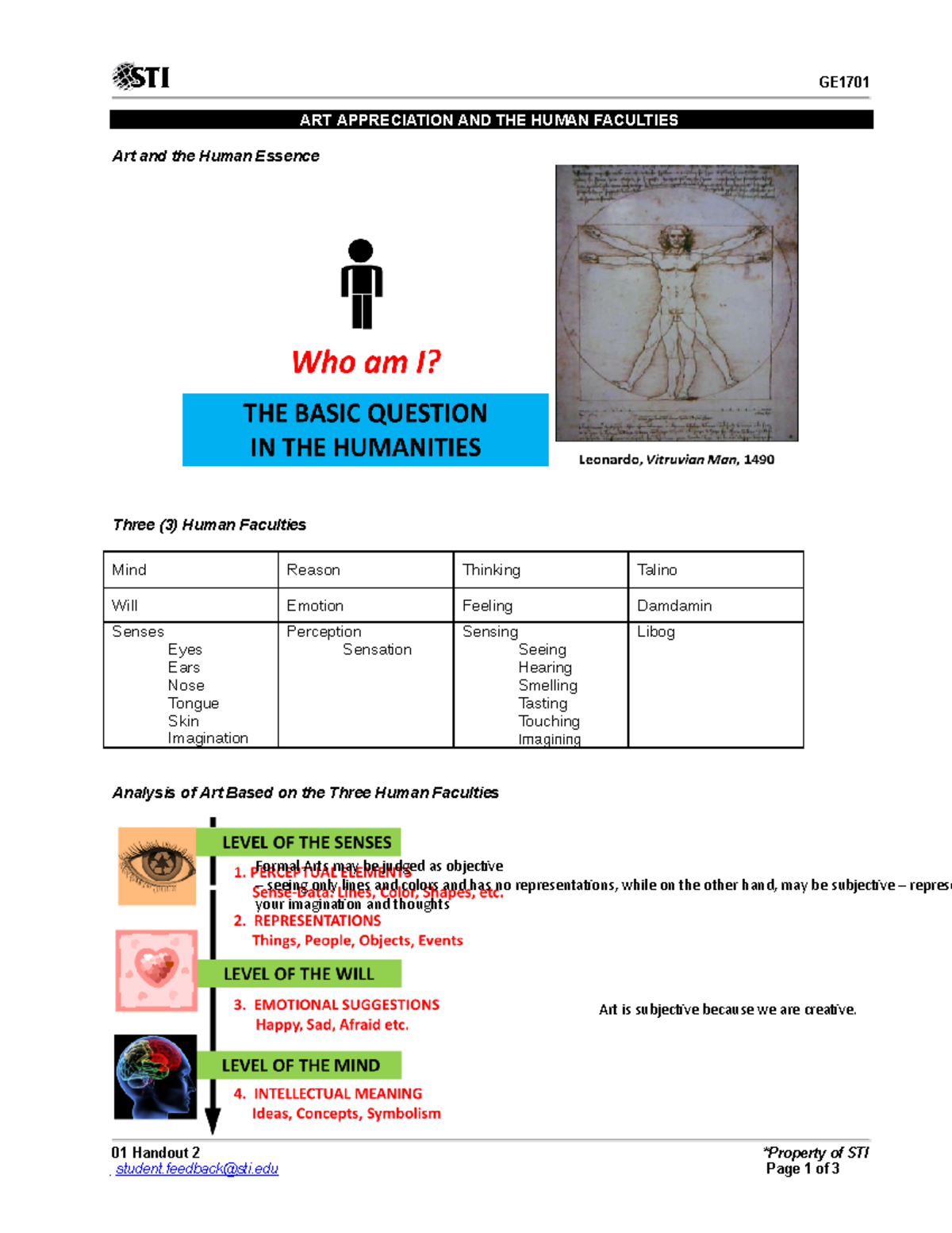 ART Appreciation AND THE human Faculties SUM GE 01 Handout 2 student