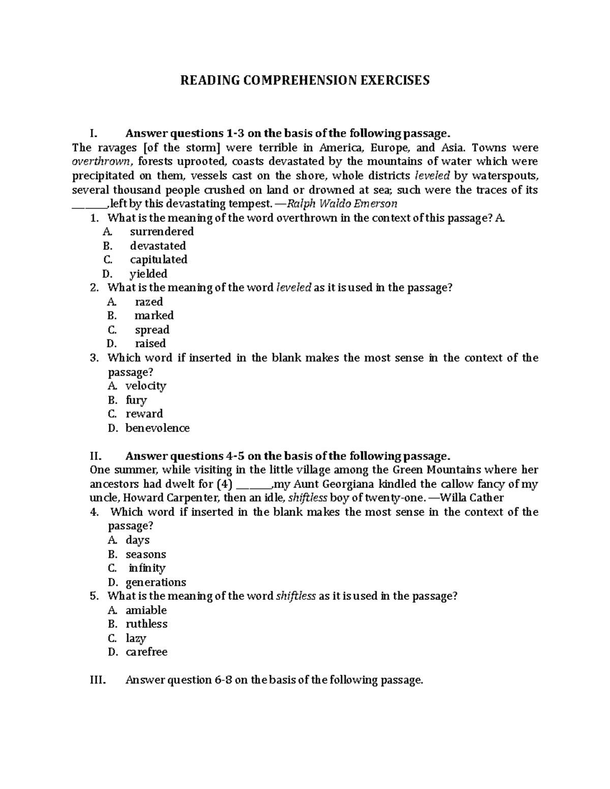 Reading Comprehension - READING COMPREHENSION EXERCISES I. Answer ...