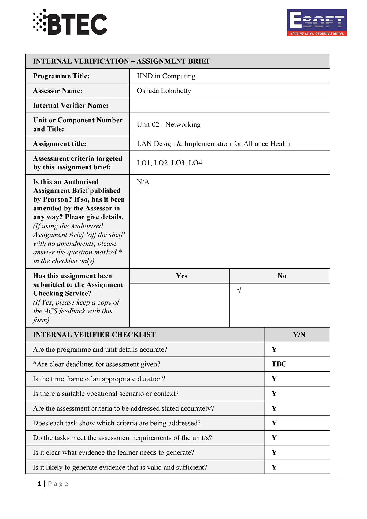 Networking - HND Com - INTERNAL VERIFICATION – ASSIGNMENT BRIEF ...