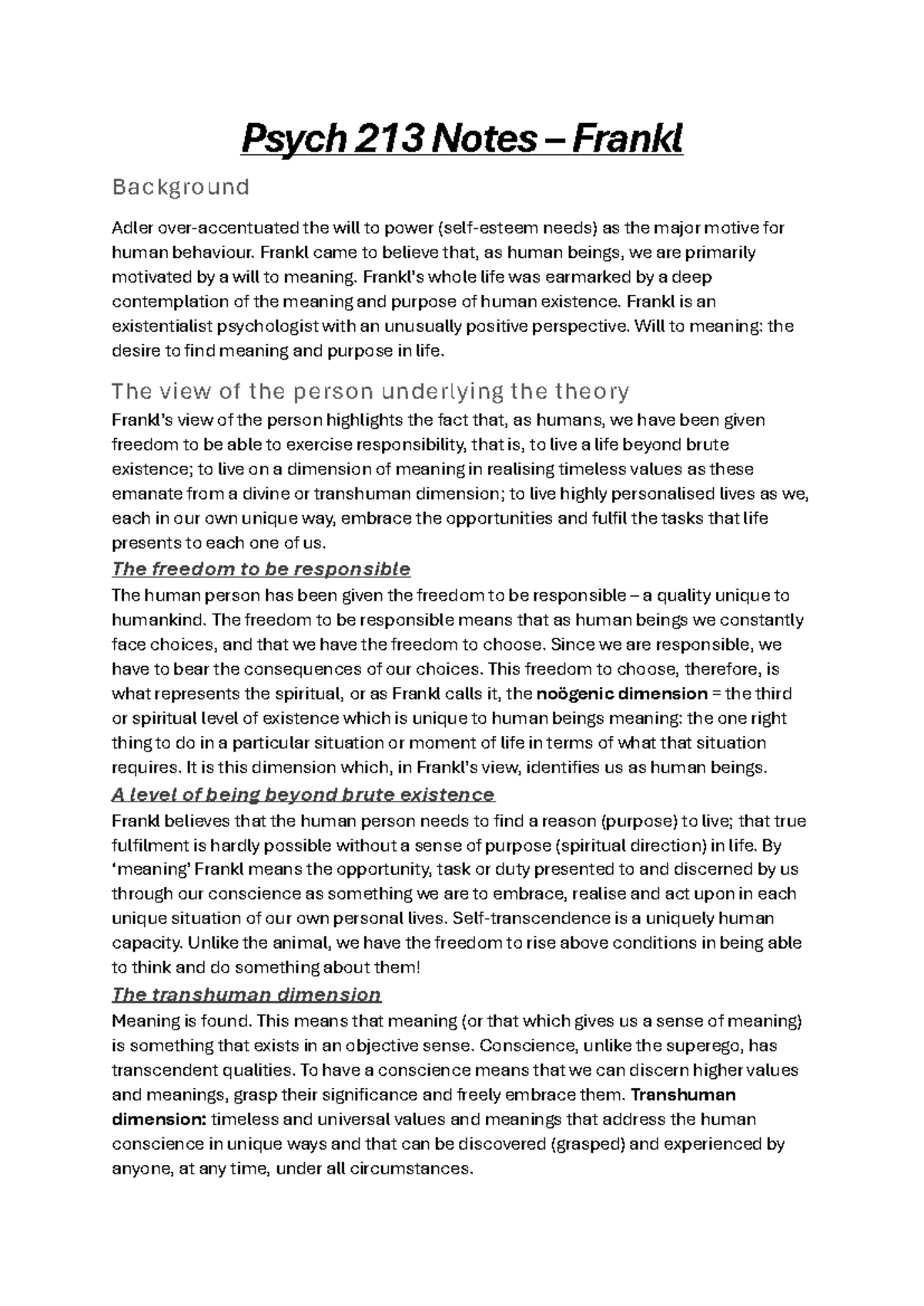 Psych 213 Notes - Frankl - Psych 213 Notes – Frankl Background Adler ...