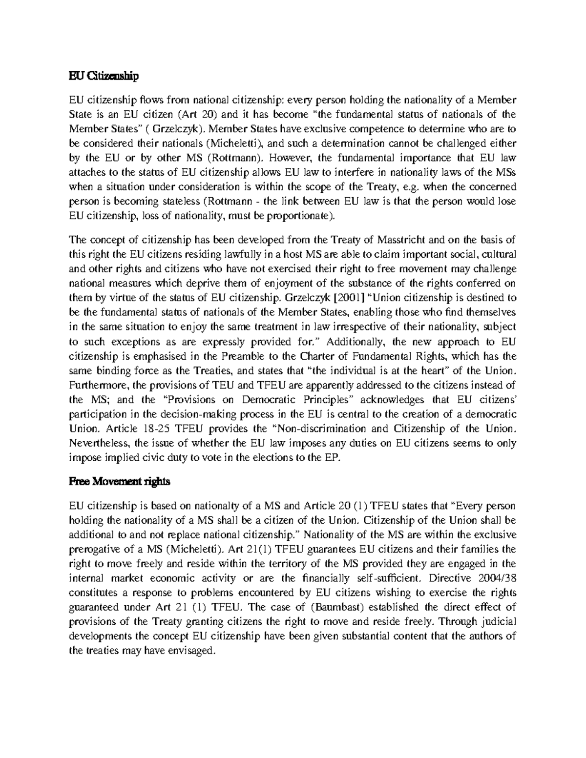 EU ciizenship notes for essay - EU Citizenship EU citizenship flows ...