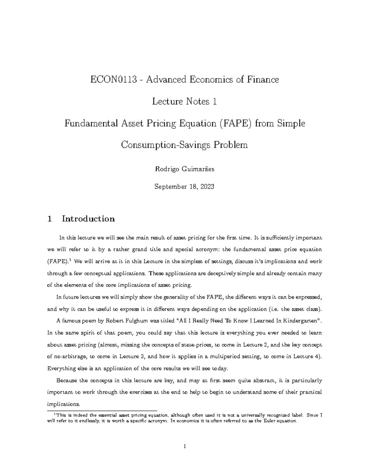Lecture Notes 1 - Fundamental asset pricing equation (FAPE), simple 2 ...