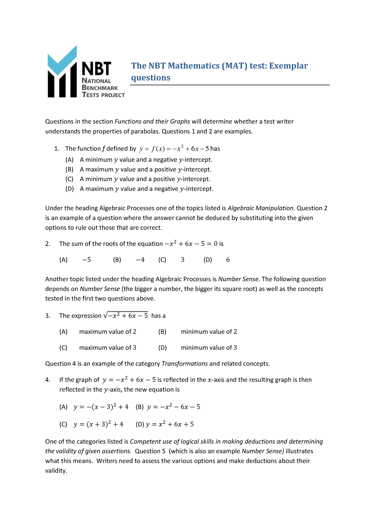 MAT Nbt - The NBT Mathematics (MAT) Test: Exemplar Questions Questions ...