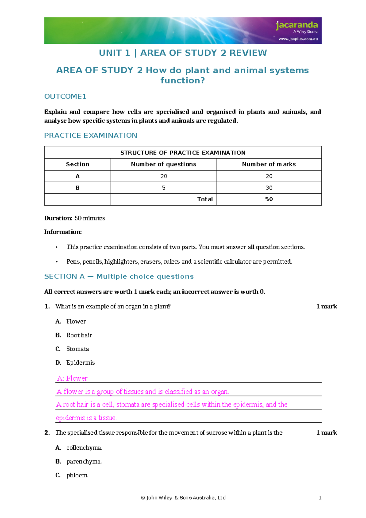 Solns Unit 1 Ao S2 Textbook practice exam - UNIT 1 | AREA OF STUDY 2 ...