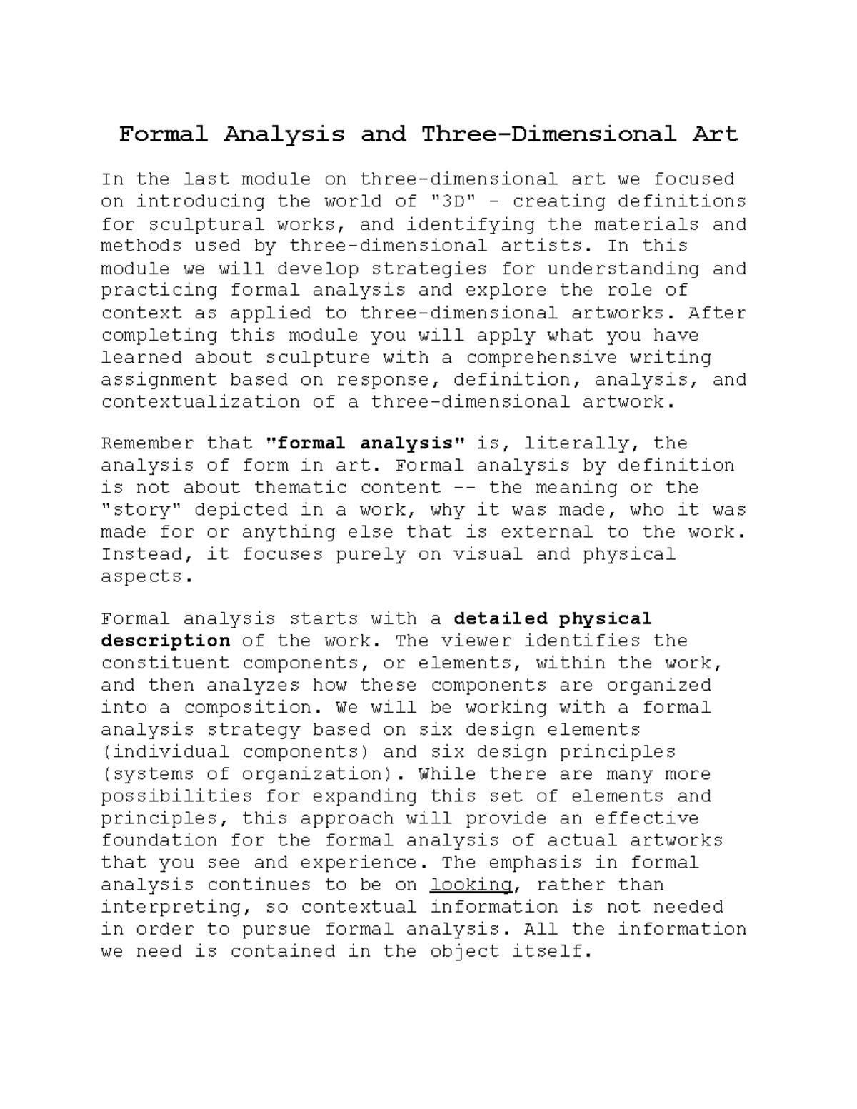 Formal Analysis and Three Dimensional Art Formal Analysis and Three