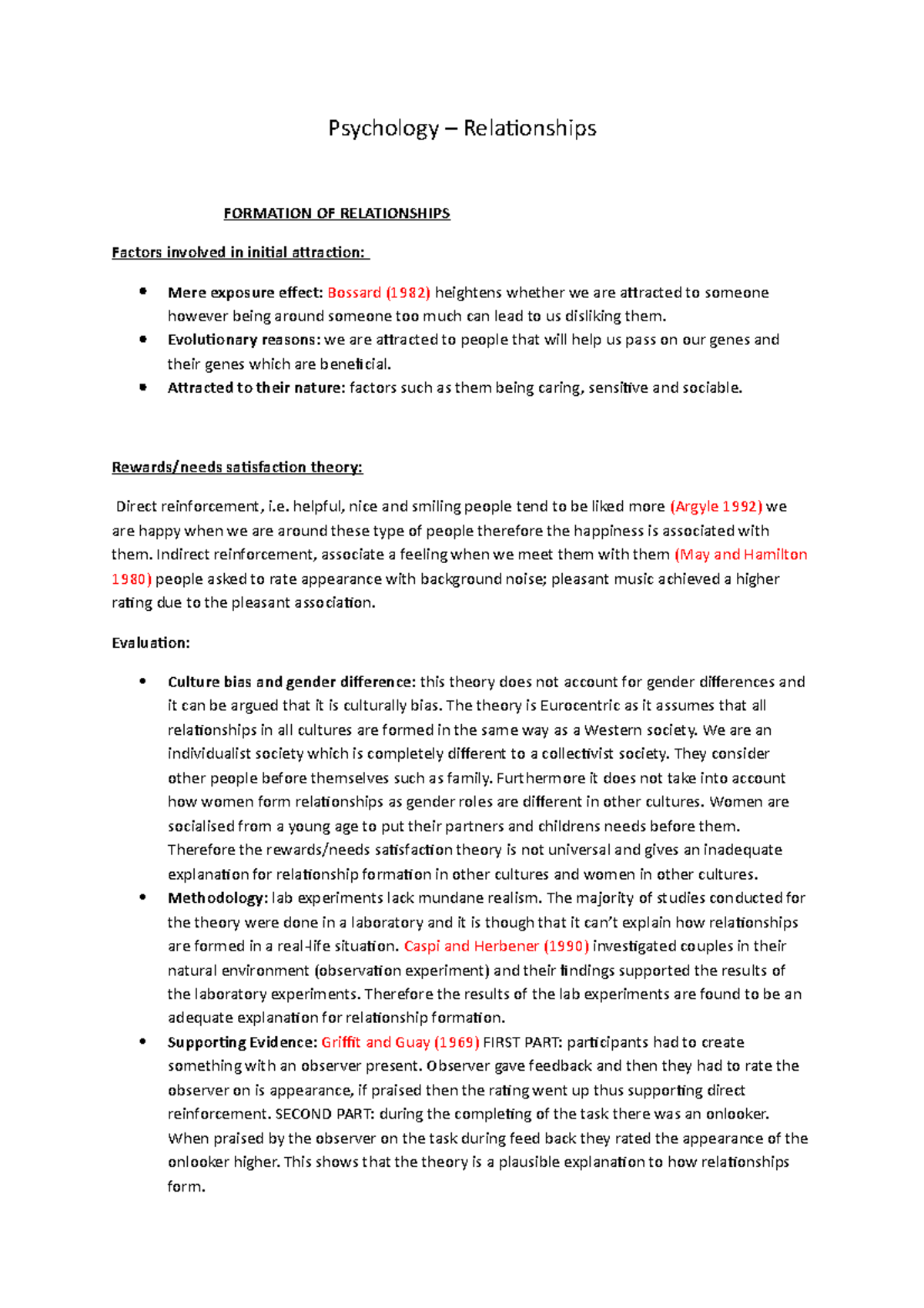Relationships Lecture Notes - Psychology – Relationships FORMATION OF ...