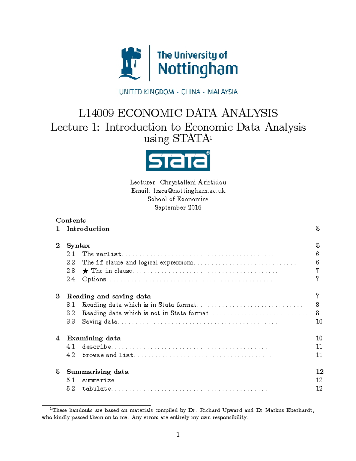 Lec1 - Lecture notes 1 - L14009 ECONOMIC DATA ANALYSIS Lecture 1 ...