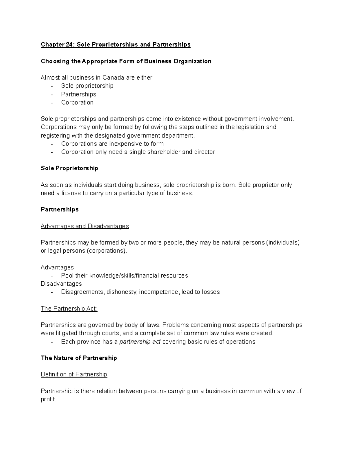 Chapter 24 - notes - Chapter 24: Sole Proprietorships and Partnerships ...
