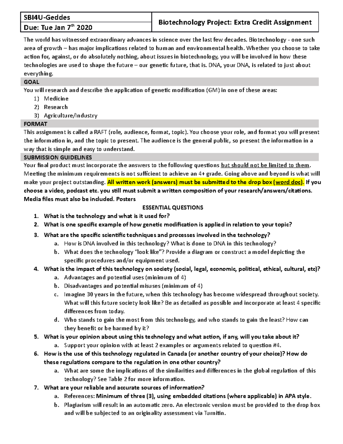 Biotechnology Extra Credit Assignment - SBI4U-Geddes Biotechnology ...