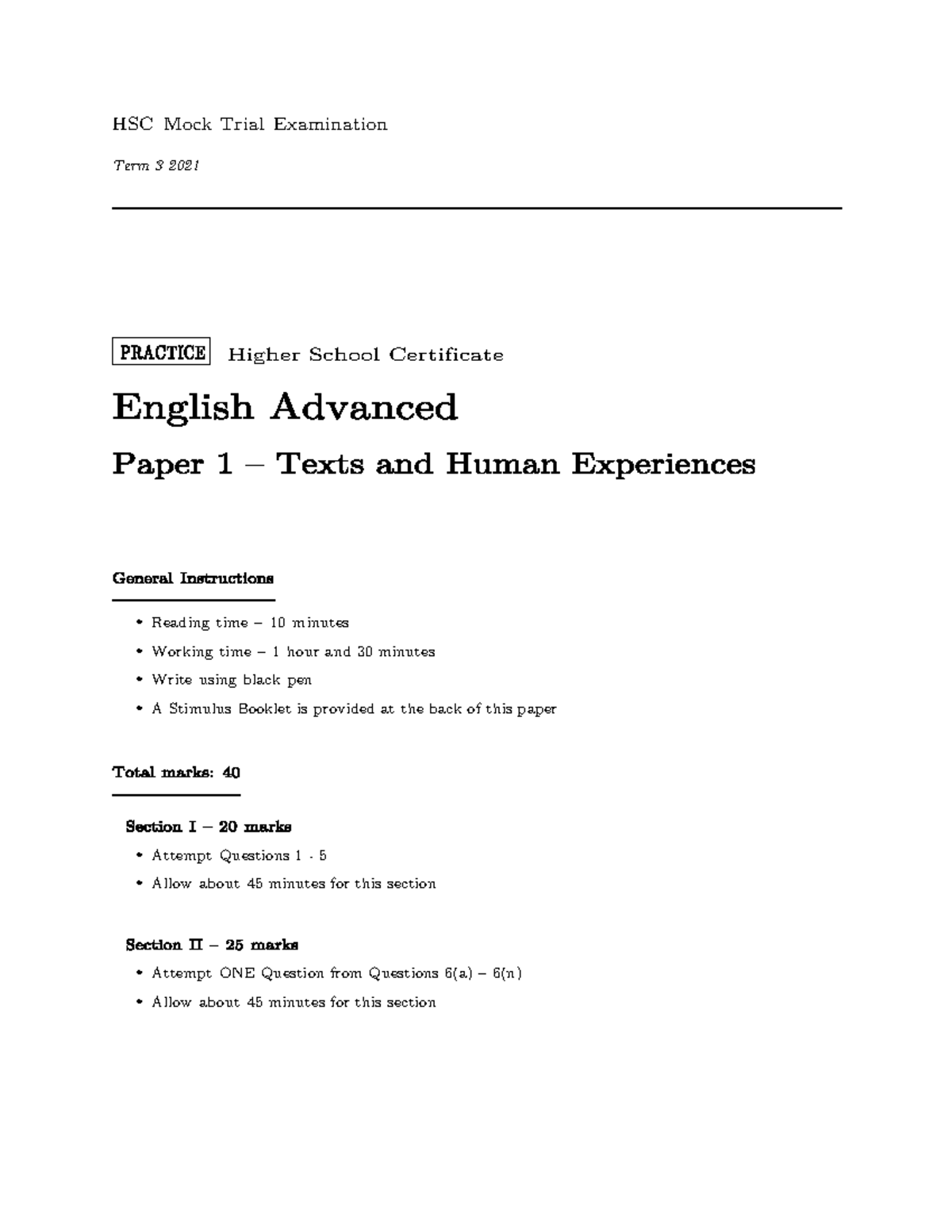 Random paper 1 mock - English Trial - HSC Mock Trial Examination Term 3 ...