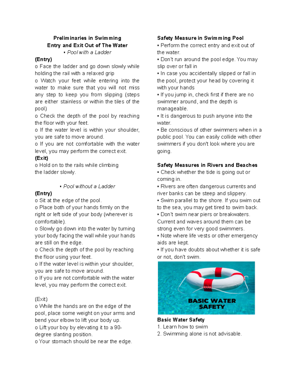 PE 3 Lesson 2 (Water Safety Rules and Guidelines in Swimming) Preliminaries in Swimming Entry