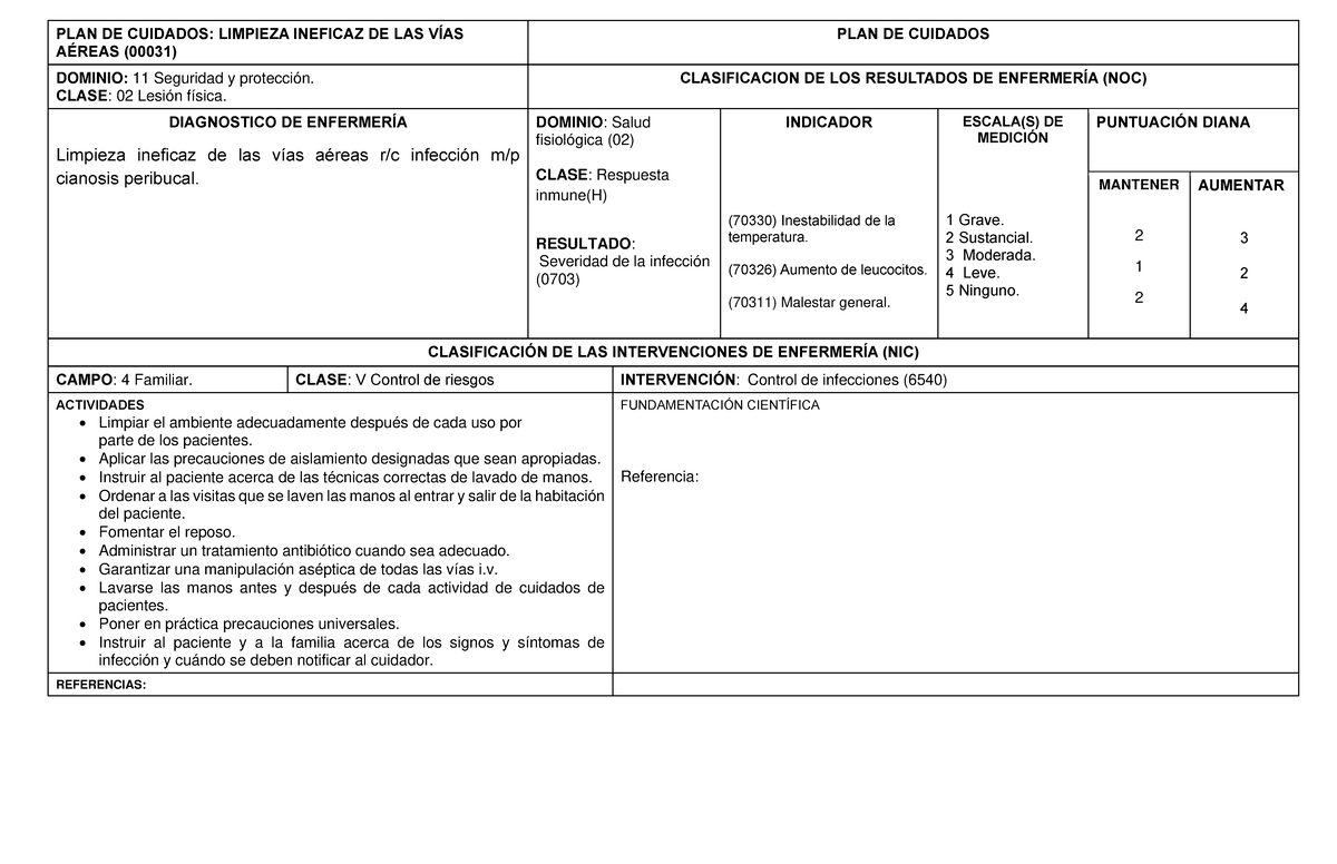 Place infección - PLAN DE CUIDADOS: LIMPIEZA INEFICAZ DE LAS VÍAS