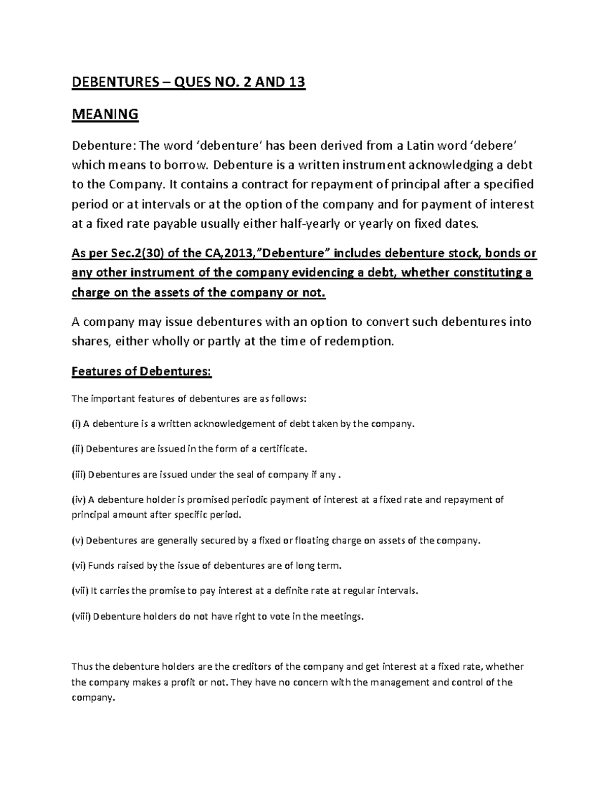 Debentures - DEBENTURES – QUES NO. 2 AND 13 MEANING Debenture: The word ...