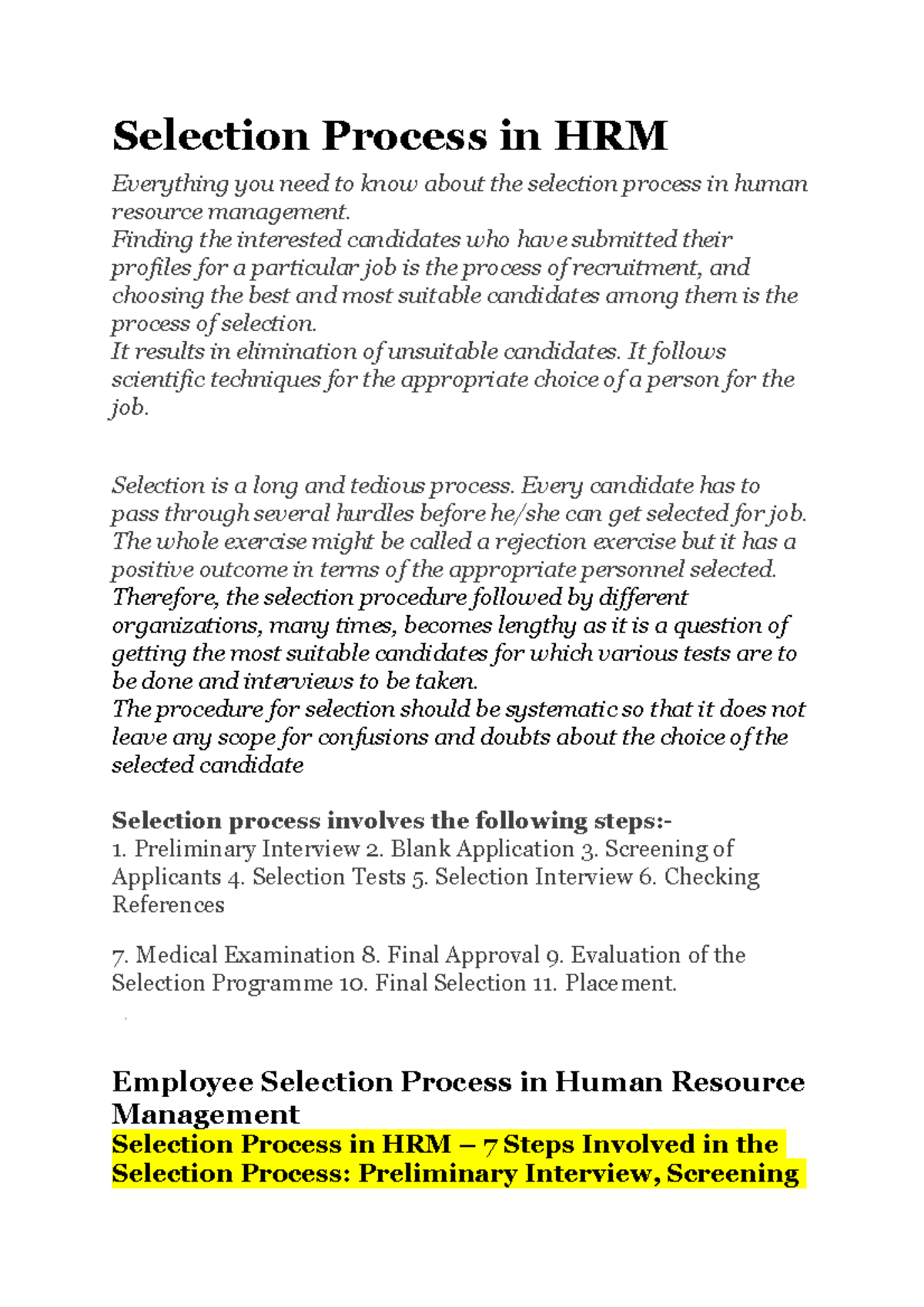 Selection Process In Human Resource Management Pdf