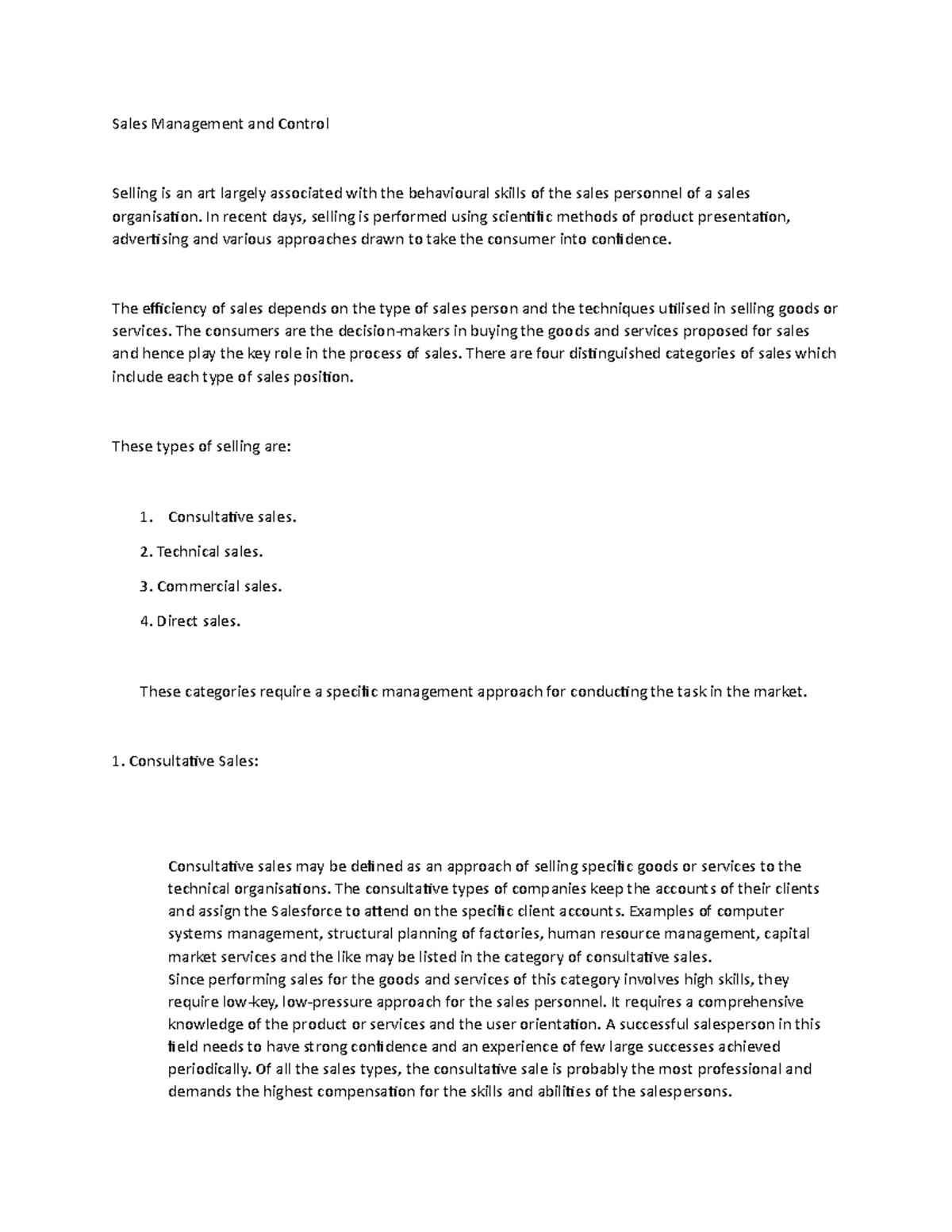 Sales management and control - Sales Management and Control Selling is ...