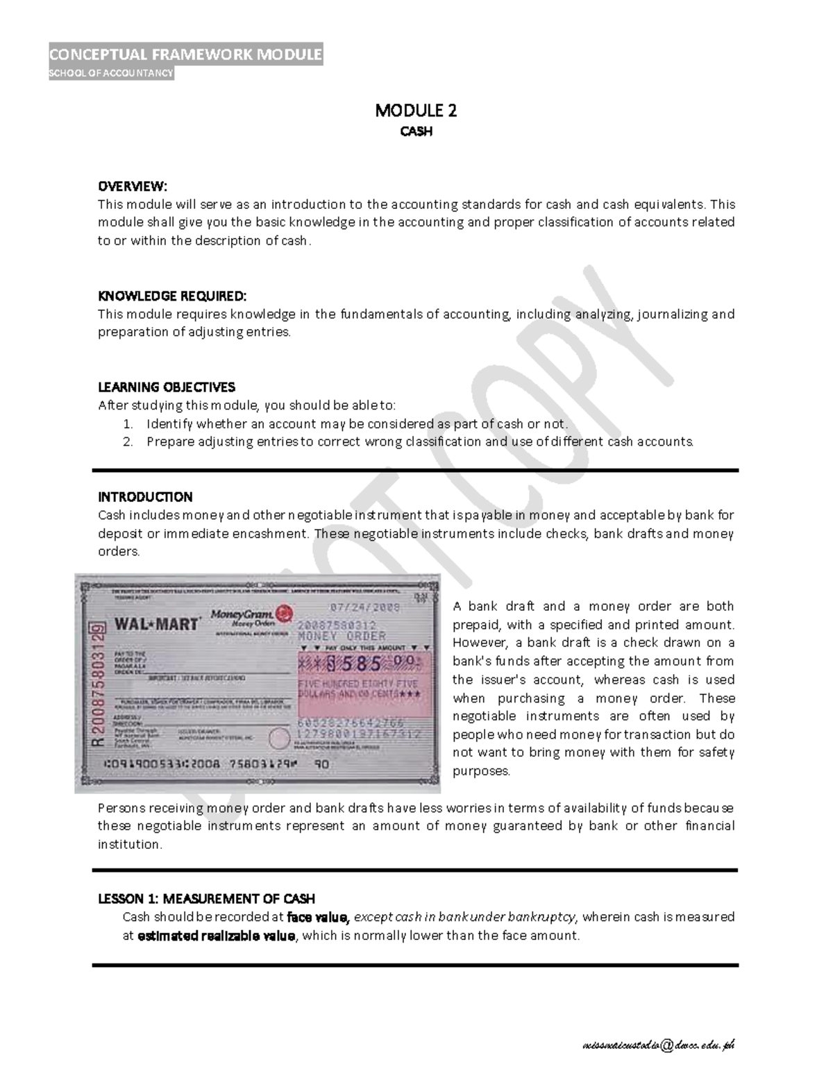 Module 2 Conceptual Framework - SCHOOL OF ACCOUNTANCY MODULE 2 CASH ...