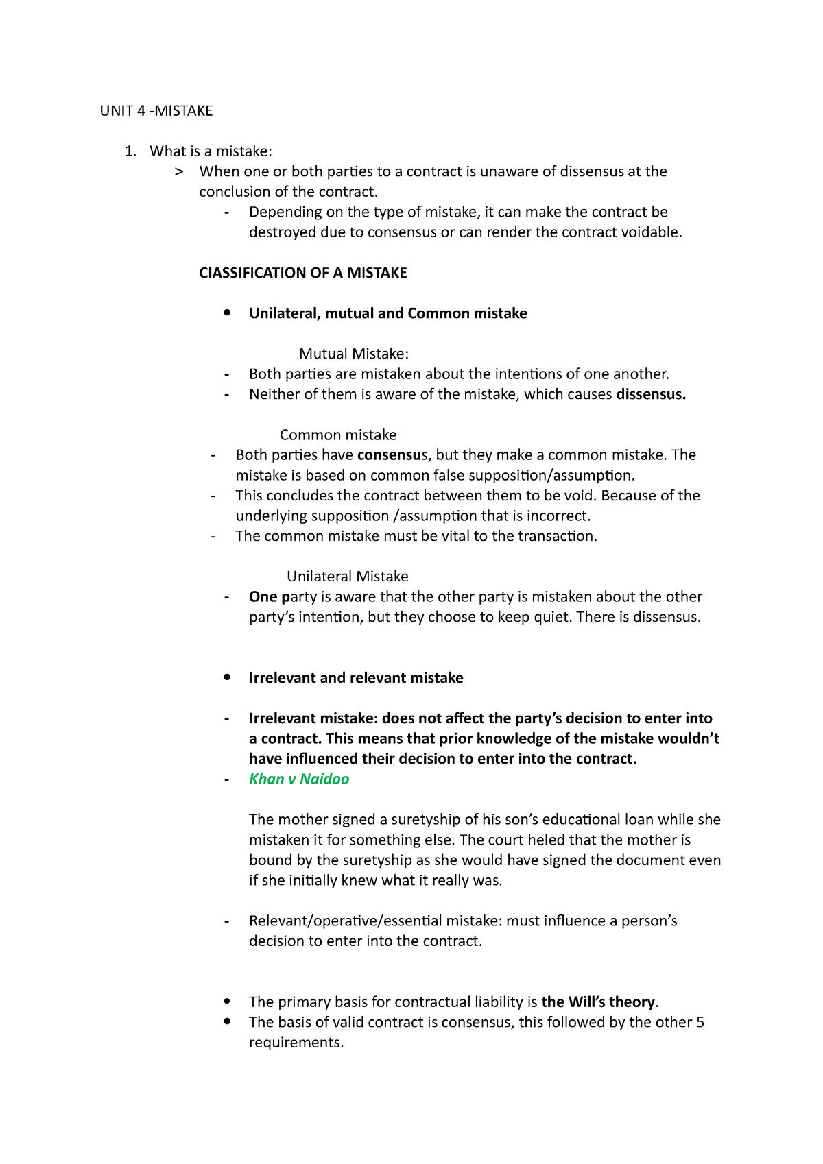 Law Of Contract Unit 4-Mistake - UNIT 4 -MISTAKE What Is A Mistake ...