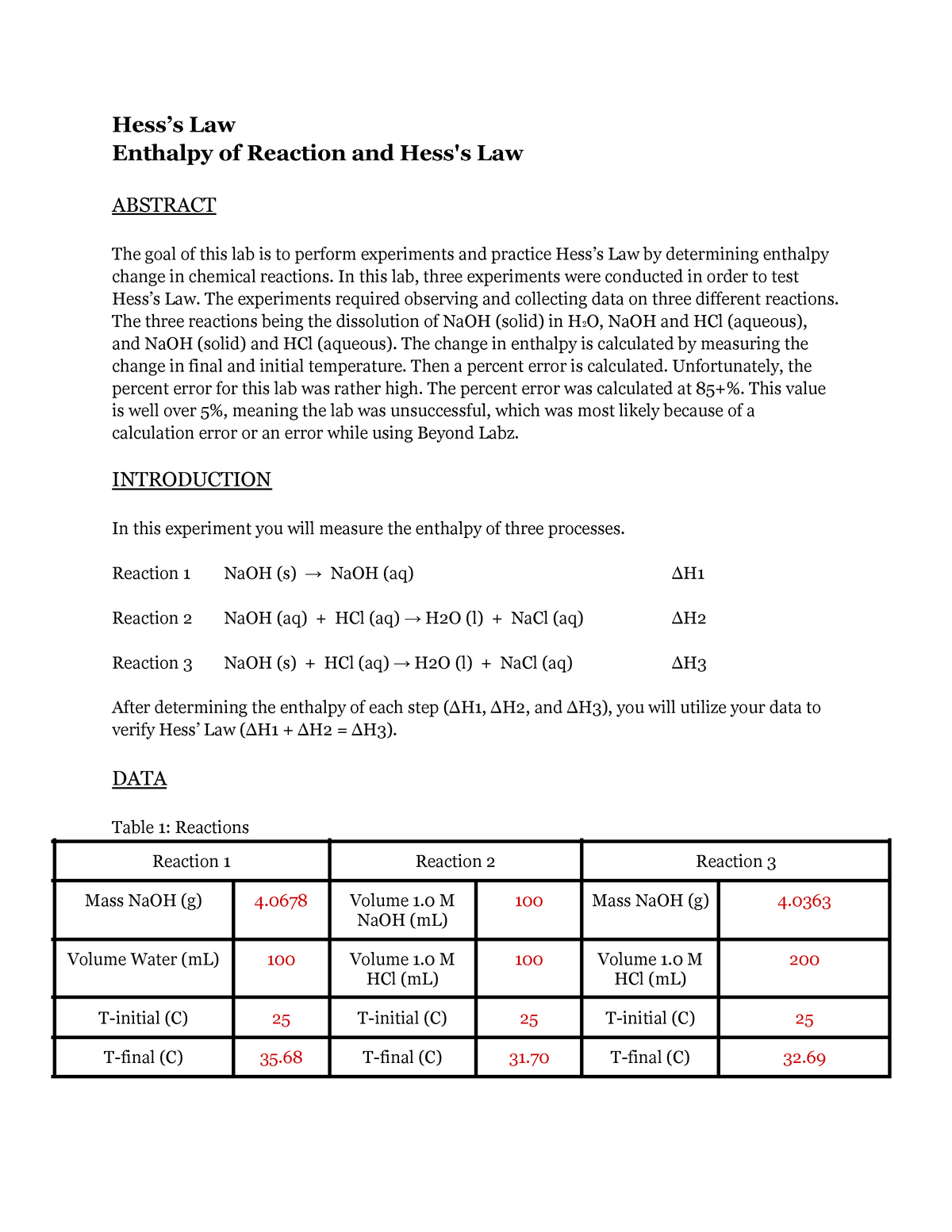 Hess s Law Lab Worksheet Hess s Law Enthalpy of Reaction and Hess s